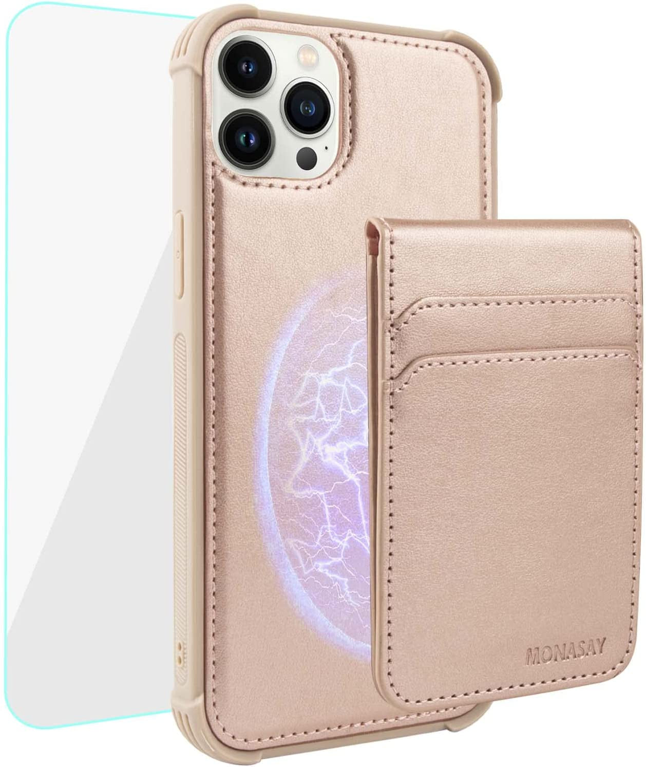 MONASAY Magwallet Case for Iphone 13 Pro Max,[Support Magsafe Wireless Charging][Glass Screen Protector] Flip Magnetic Leather Wallet Phone Cover with Detachable RFID Blocking Card Holder, Dark Green  MONASAY Rosegold  