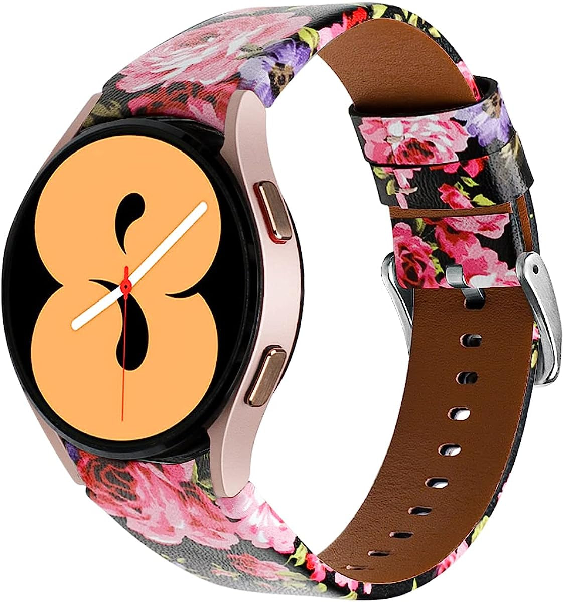 Genuine Leather Bands Compatible for Samsung Galaxy Watch 4 Band 40Mm 44Mm,20Mm Adjustable Sport Replacement Watch Band Straps for Galaxy Watch 4 Classic Band 42Mm 46Mm Women Men  通用 Pink Flower  