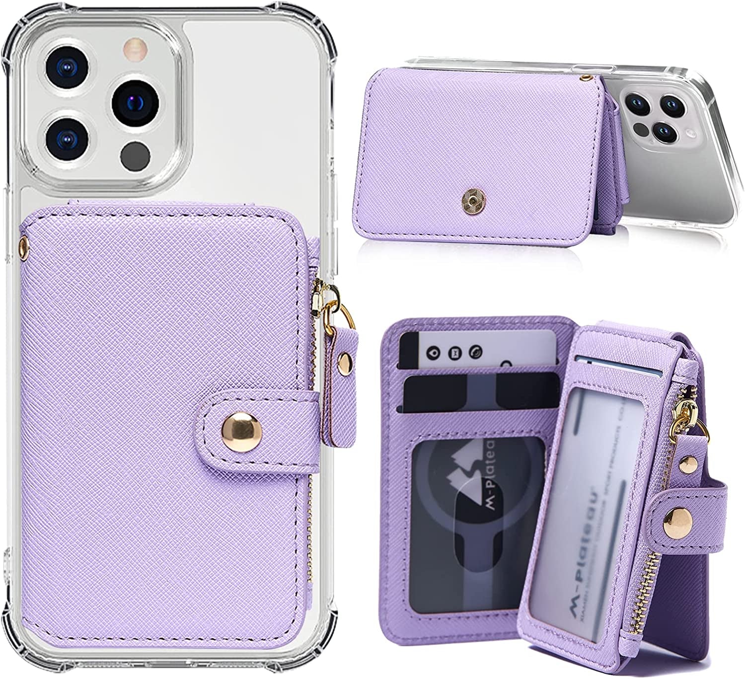 M-Plateau Phone Wallet Vegan Leather Magnetic Button Wallet for Men Have 6 Id Window Designed for Iphone 13 Pro Max,Google Pixel, Galaxy Attachment 3M Adhesive Sticker (Brown)  M-Plateau Purple  