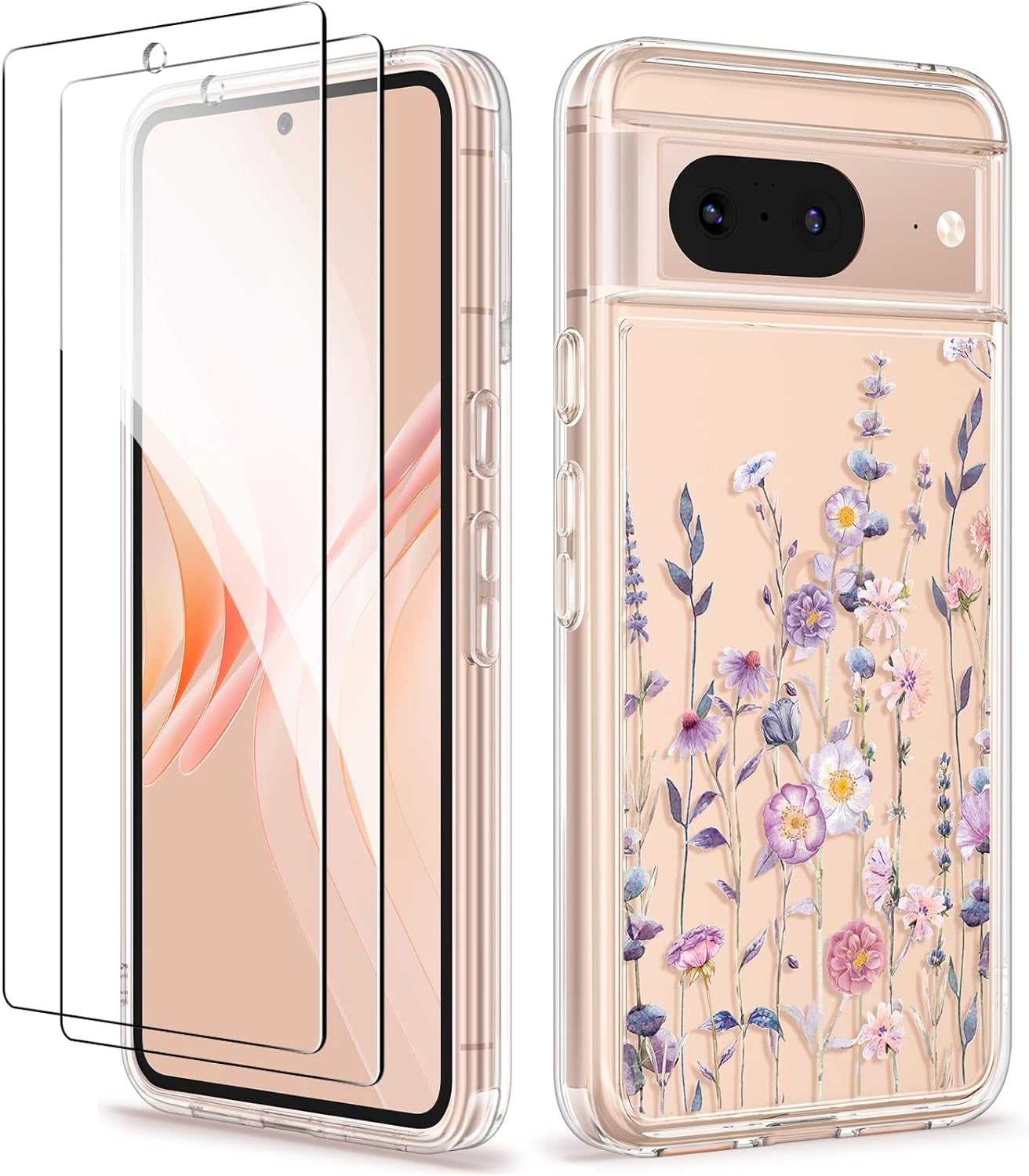 GVIEWIN Compatible with Google Pixel 8 Case with 2X Screen Protector, Clear Floral Slim Shockproof Protective Hard PC+TPU Bumper Flower Women Phone Case Cover 6.2'' 2023 (Alluring Butterfly/Purple)  GVIEWIN Floratopia/Colorful For Google Pixel 8 (6.2-Inches, 2023) 