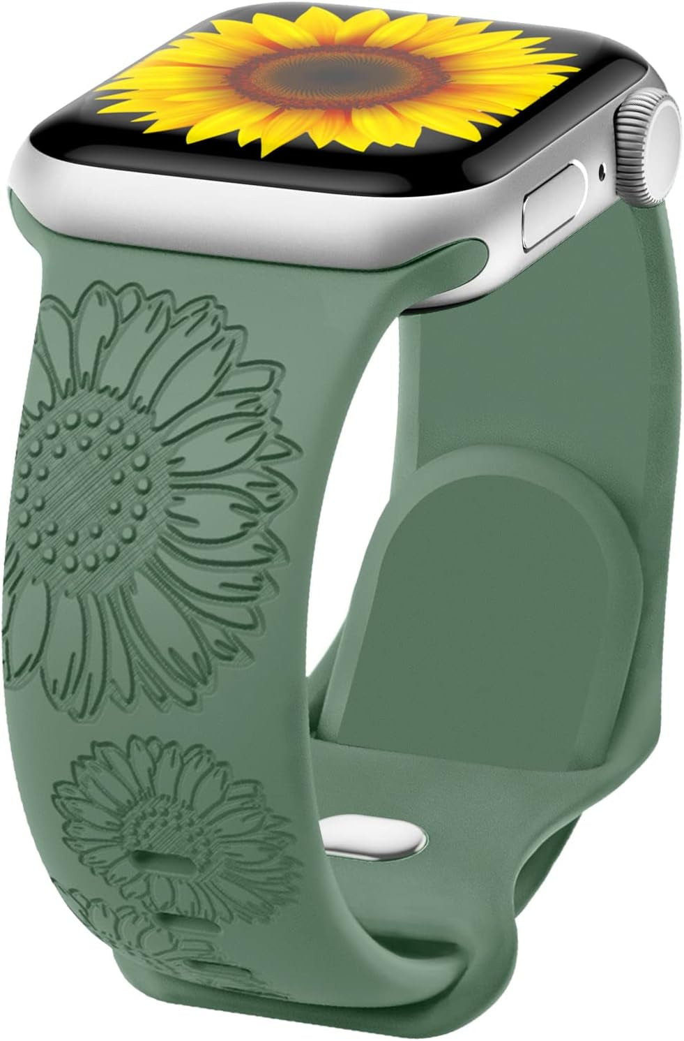 Flower Engraved Band Compatible with Apple Watch Bands 42Mm 44Mm 45Mm 49Mm for Women, Soft Sunflower Laser Silicone Wristbands Cute Sport Straps for Iwatch Series 8/7/Se/6/5/4/3/2/1/Ultra  Butifacion Sunflower Pine Green 42mm/44mm/45mm/49mm 