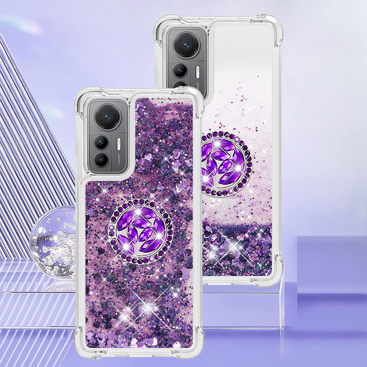 Ccsmall Glitter Clear Sparkly Bling Case for Xiaomi 12 Lite, Rugged Shockproof Flowing Liquid Floating Cover for Women with Ring Holder Phone Case for Xiaomi 12 Lite LSZ Purple  CCSmall   