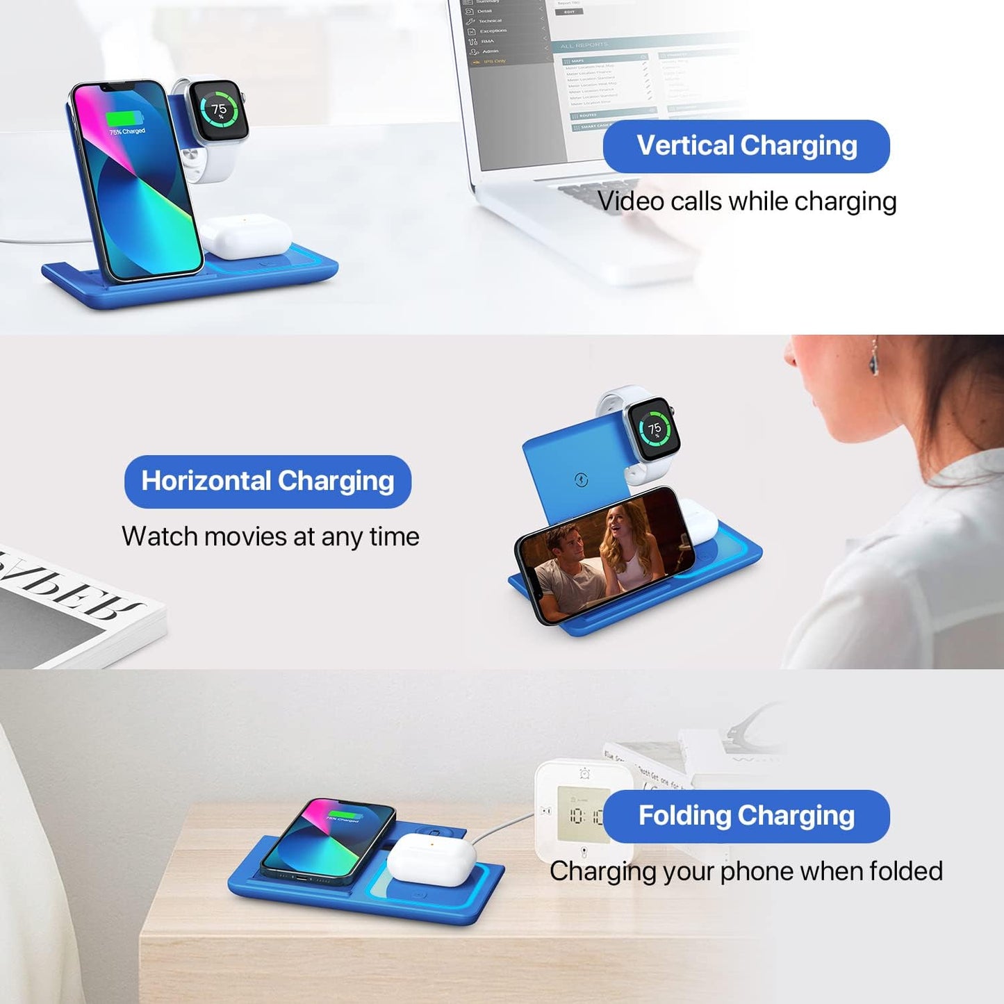 Wireless Charging Station, Wireless Charging Station for Multiple Devices for Iphone 15 14 13 12 11 Pro XR XS 8 Plus, for Apple Watch Ultra SE 8 7 6 5 4 3 2, Airpods Pro 3 2 (Dark Blue)  YOXINTA   