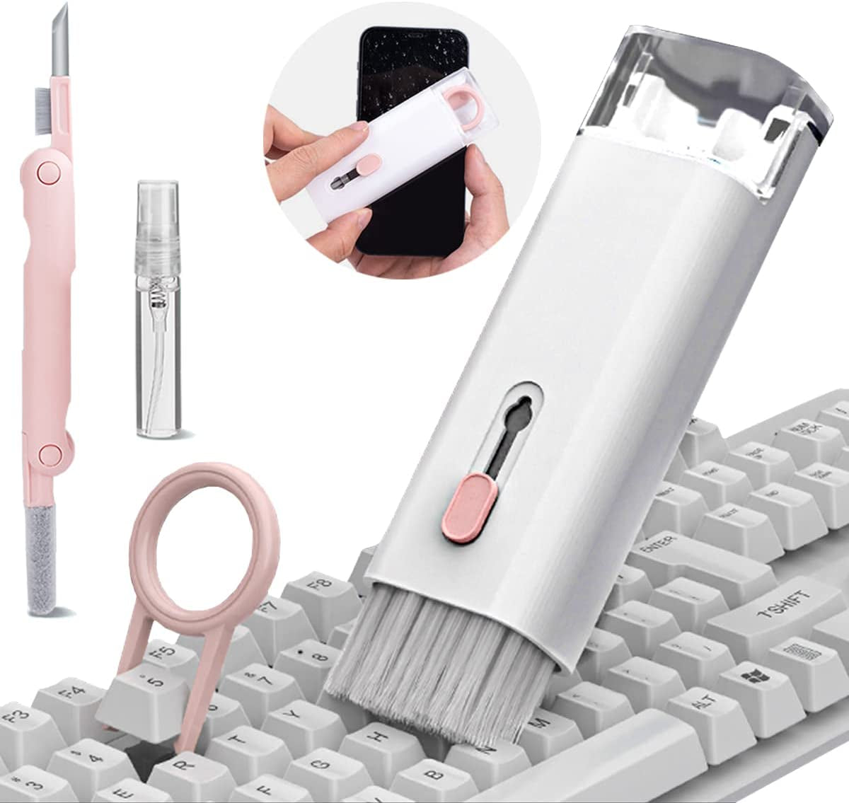 7 in 1 Electronic Cleaner Kit, Multifunction Keyboard Brush, Portable Computer Cleaner Kit with 3 in 1 Airpods Cleaner Pen, Keyboard Brush, Keycap Buckle, Spray Bottle and Screen Cleaning Flannelette  Shapelocker   