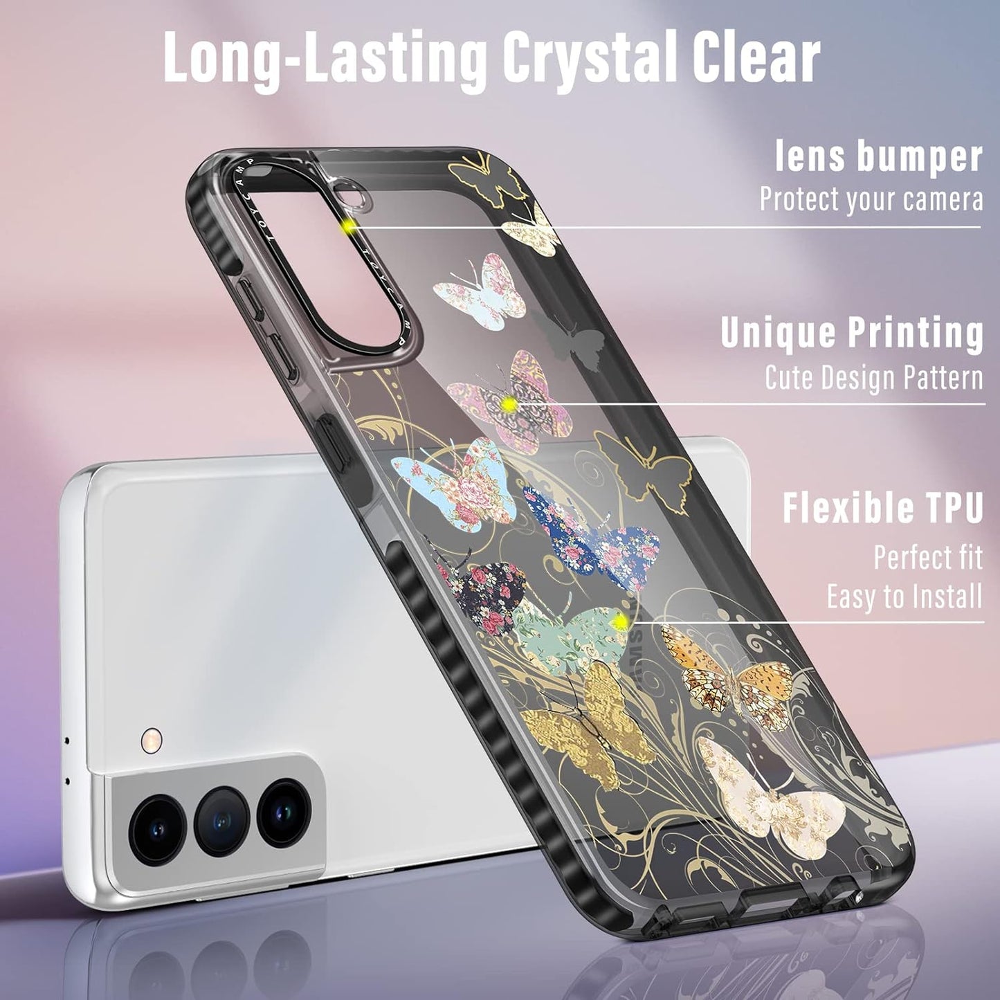 Toycamp for Samsung Galaxy S22 Case for Women, Colorful Butterfly Cute Girly Print Design for Girls Teens Case with Ring Kickstand (6.1 Inch), Black  Toycamp   