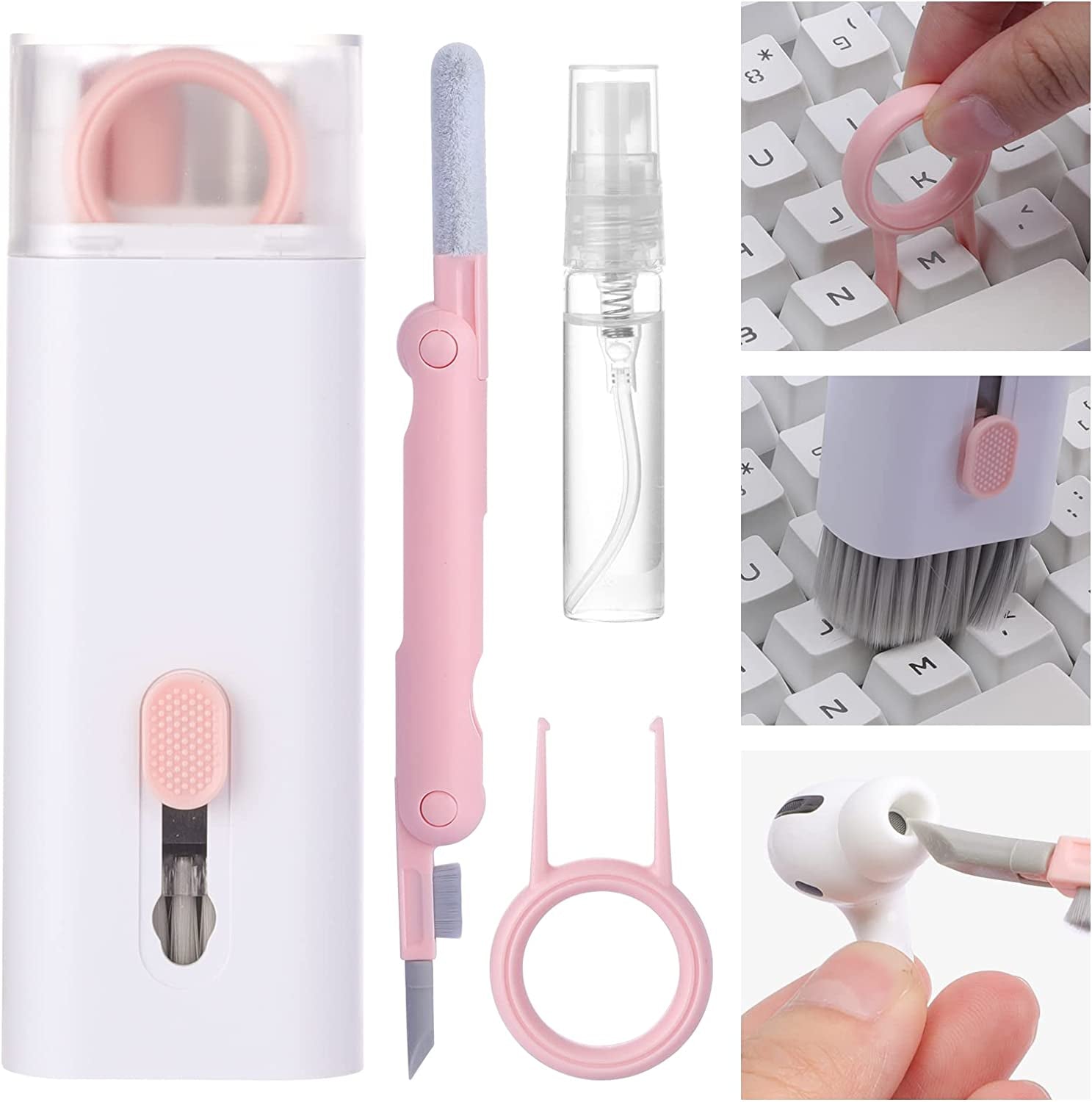 7 in 1 Electronic Cleaner Kit, Keyboard Cleaning Kit with Brush, Multifunctional Cleaner Set for Airpods Pro/Laptop/Phone/Computer/Screen  Doter pink-Cleaner Kit  