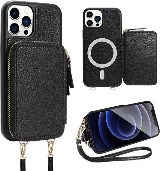 ZVE Iphone 14 Pro Crossbody Wallet Case Magsafe, Phone Case with RFID Blocking Card Holder Wrist Strap for Women, Zipper Leather Cover for Iphone 14 Pro, 6.1"-Black  ZVE   