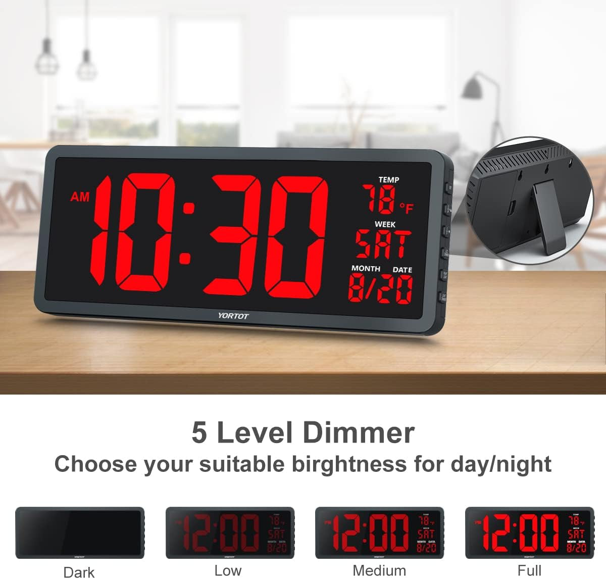 YORTOT 16” Large Digital Wall Clock with Remote Control - Adjustable Dimmer, 7 Color Night Lights, Big LED Clock with Indoor Temperature, Date, Auto DST, 12/24Hour, Wall Mount/Foldable Stand  YORTOT   