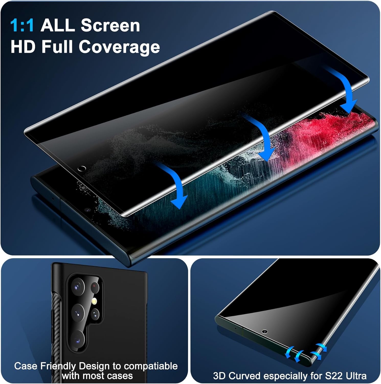 Arshek [2+2 Pack] Galaxy S22 Ultra Privacy Screen Protector, 9H Tempered Glass, Ultrasonic Fingerprint Support, 3D Curved, HD Clear Anti-Spy Film for Samsung S22 Ultra 5G Glass Screen Protector  Arshek   