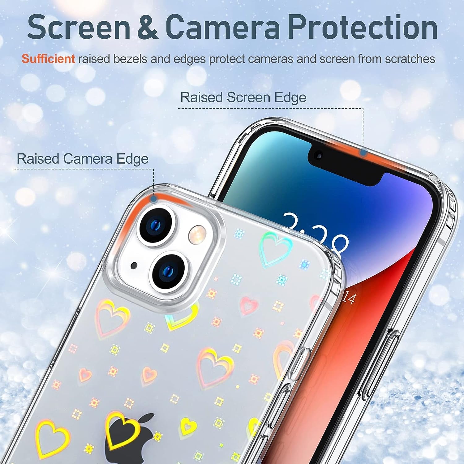 LOEV Compatible with Iphone 14 plus 6.7 Inch Clear Holographic Heart Phone Case, Laser Rainbow Love Heart Cute Pattern Design Phone Case Protective Shockproof Hard PC & Soft TPU Cover for Women Girl  LOEV   
