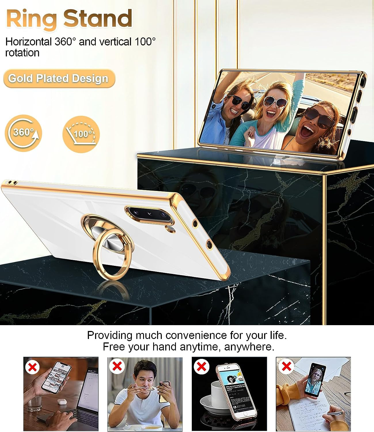 Leyi for Samsung Galaxy Note 10 Case 360° Rotatable Ring Holder Magnetic Kickstand, Plating Rose Gold Edge Protective Case [ Not Applicable Note 10 Plus], White  LeYi   