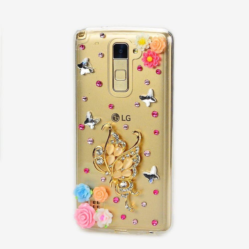 STENES LG G6 / LG G6 plus Case - Luxurious Series 3D Handmade Sparkly Crystal Bling Cover Hybrid Drop Bumper Protection Case with Retro Bows anti Dust Plug - Fan Chain Tassel Flowers  STENES Fairy Butterfly Girl Rose Flowers  