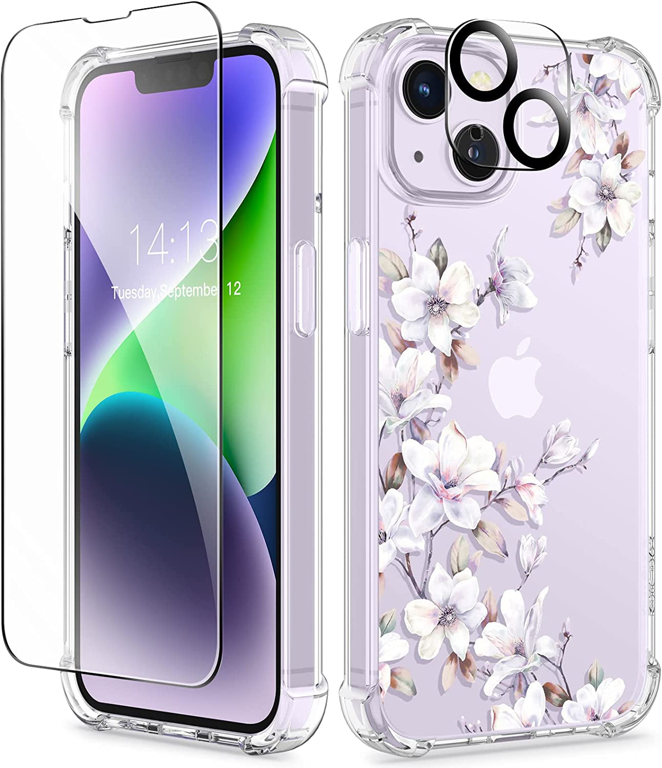GVIEWIN Case Compatible with Iphone 14 plus 6.7 Inch,With Screen Protector + Camera Lens Protector, Clear Flower Shockproof Soft Protective Floral Women Phone Cover, 2022 (Cherry Blossoms/Purple)  GVIEWIN Lilly/Light Purple  