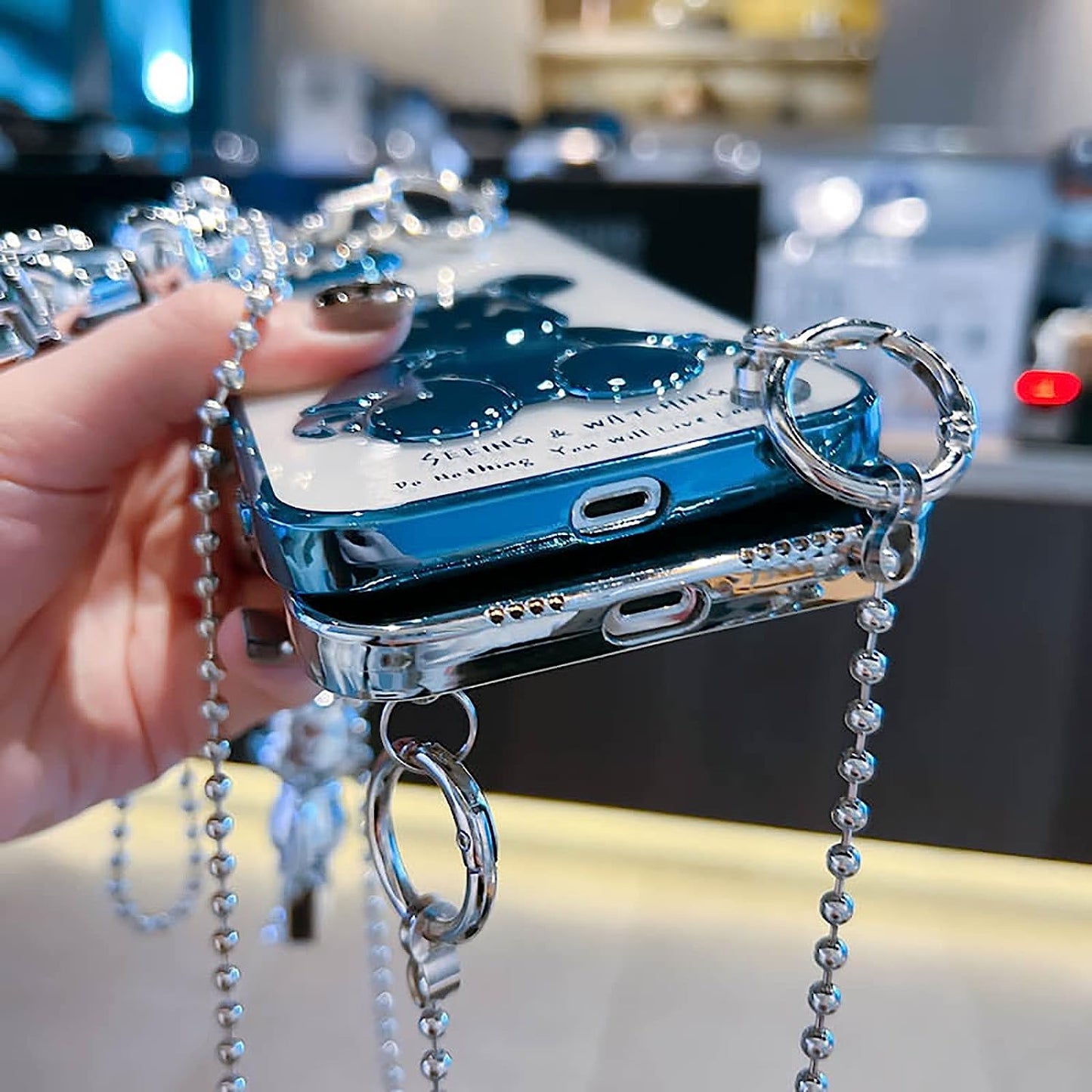 Aartvark Tees Cute Case for Iphone 13, Cartoon Silver Teddy Bear Sparkle Bling Cover with Metal Chain Strap Bell Pendant, Fashion Soft TPU Shockproof, Phone Case Suitable for Women & Girls  aartvark tees   