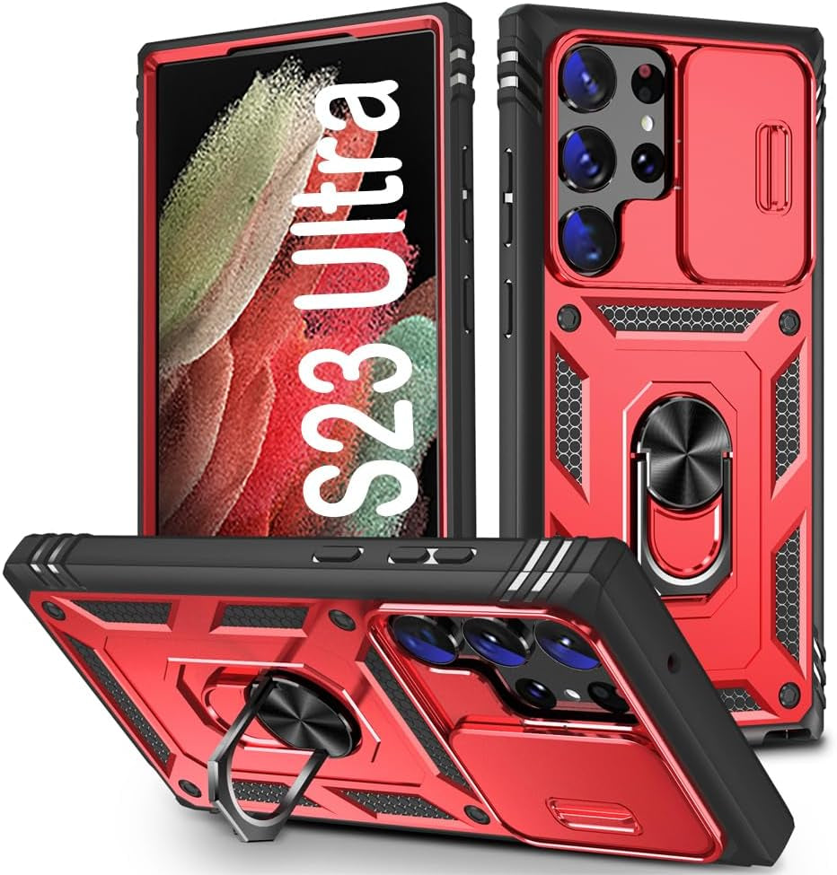 PASNEW for Samsung Galaxy S21 Ultra Case,Finger Ring Kickstand & Camera Cover Slide & Charge Port Dust Plug,Military Heavy Duty Full Body Shockproof Protective Hard Shell S21Ultra,6.8 Inch,Pink  PASNEW Red Samsung Galaxy S23 Ultra【6.8"】 