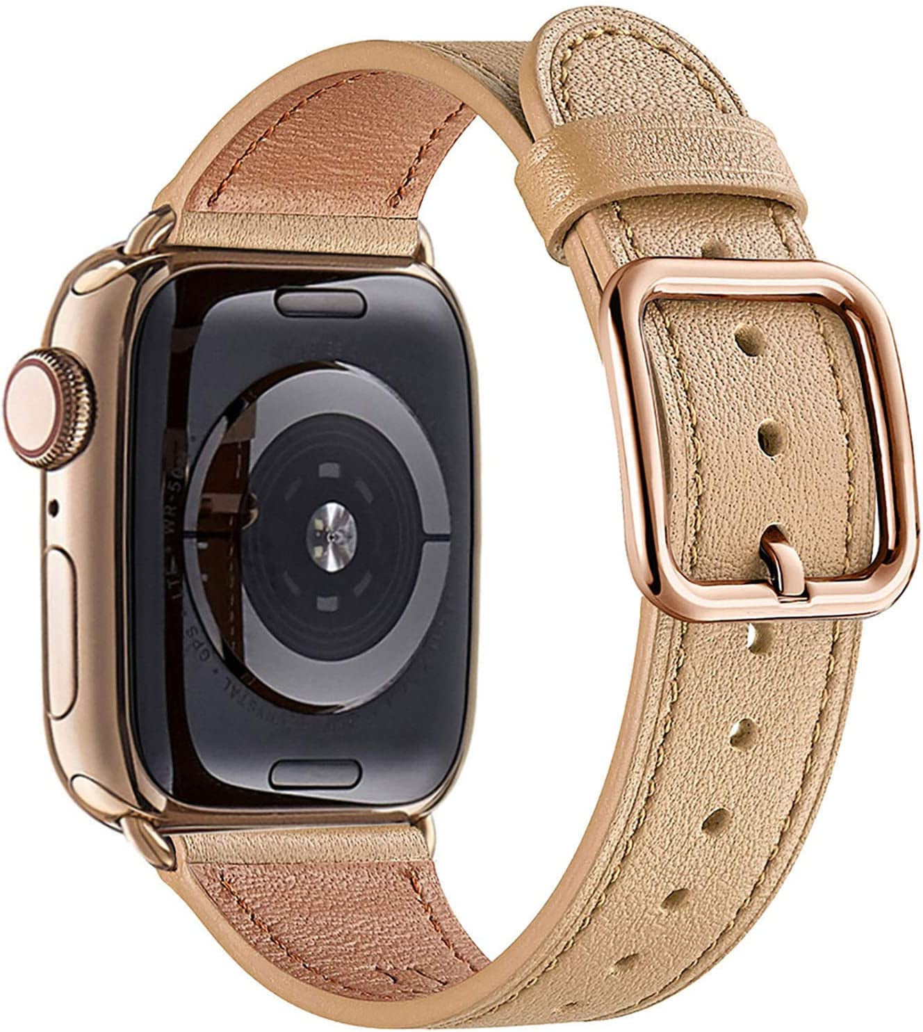 MNBVCXZ Compatible with Apple Watch Band 38Mm 40Mm 41Mm 42Mm 44Mm 45Mm 49Mm Women Men Girls Boys Genuine Leather Replacement Strap for Iwatch Series 8 7 6 5 4 3 2 1 Iwatch Ultra SE (Pink Sand/Rose Gold)  MNBVCXZ-US Camel/Gold 42mm 44mm 45mm 49mm 
