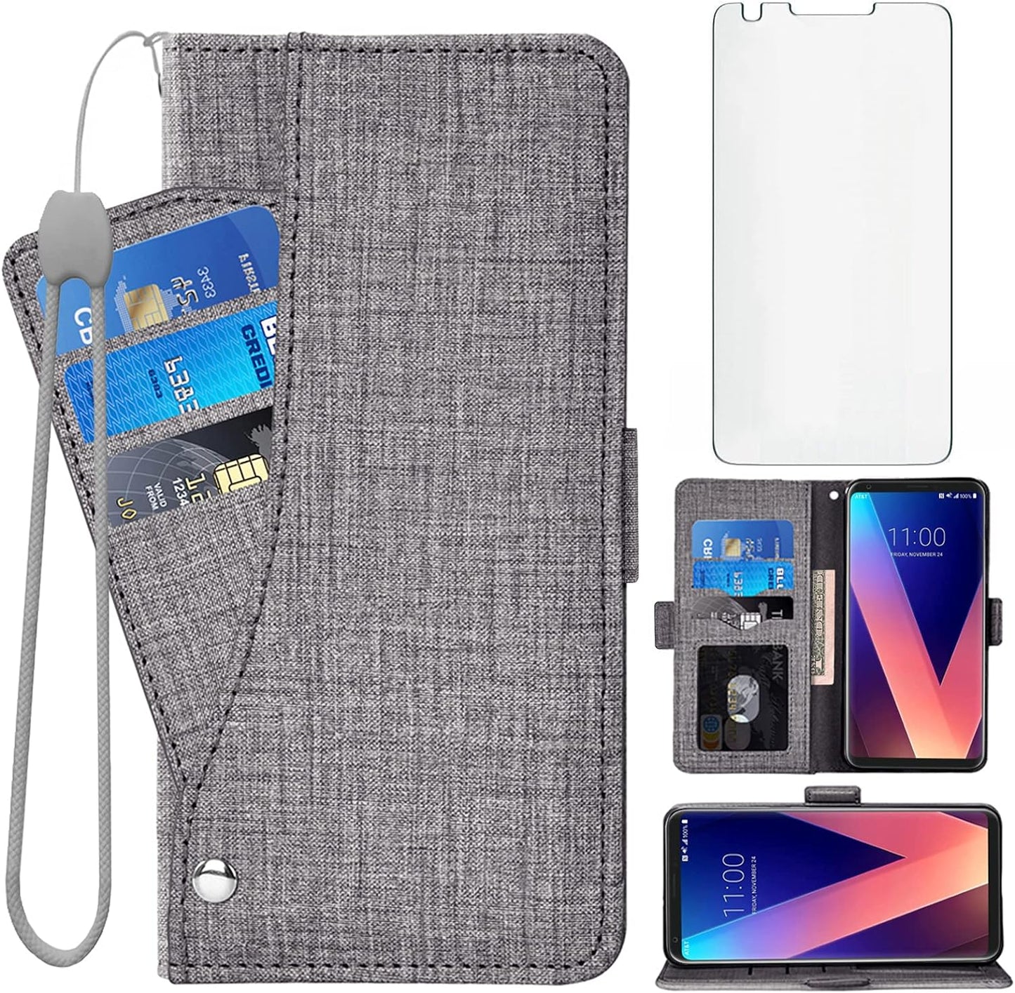 Asuwish Compatible with LG V35 Thinq V30 plus Wallet Case Tempered Glass Screen Protector and Flip Cover Card Holder Cell Phone Cases for LGV30 LGV35 LG30 LG35 V 30 35 V30+ V30S H931 Women Men Pink  NSS Gray  