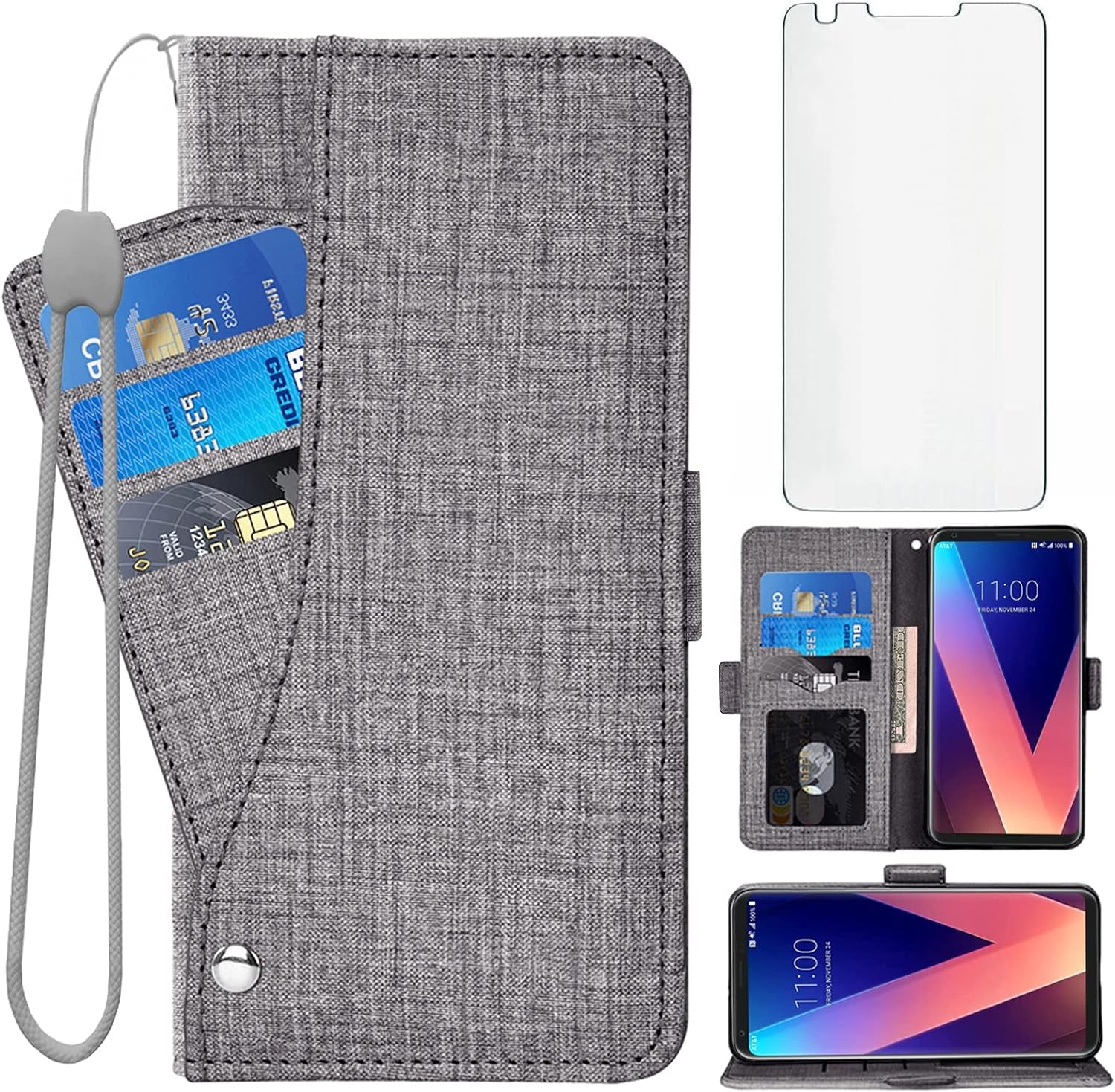 Asuwish Compatible with LG V35 Thinq V30 plus Wallet Case Tempered Glass Screen Protector and Flip Cover Card Holder Cell Phone Cases for LGV30 LGV35 LG30 LG35 V 30 35 V30+ V30S H931 Women Men Pink  NSS Gray  