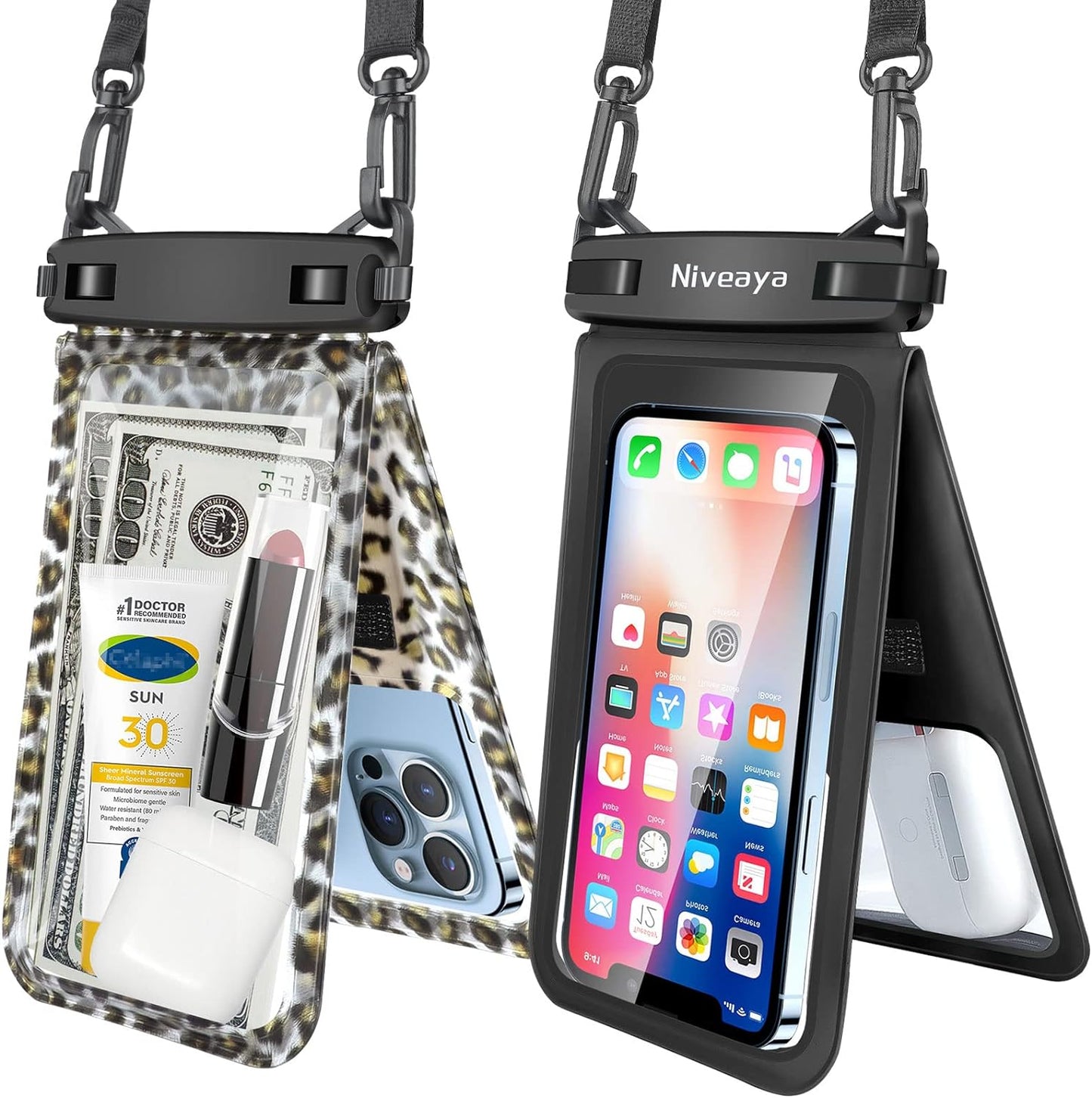 Niveaya Double Space Waterproof Phone Pouch - 2 Pack, Waterproof Phone Lanyard Case with Iphone 15/14/13/12/ Pro Max/Pro/8 Plus, Galaxy S22/S21/S20/S10/Note 20/10/9 up to 7", Dry Bag for Vacation.  Niveaya Black+ Leopard Print Medium 7" 