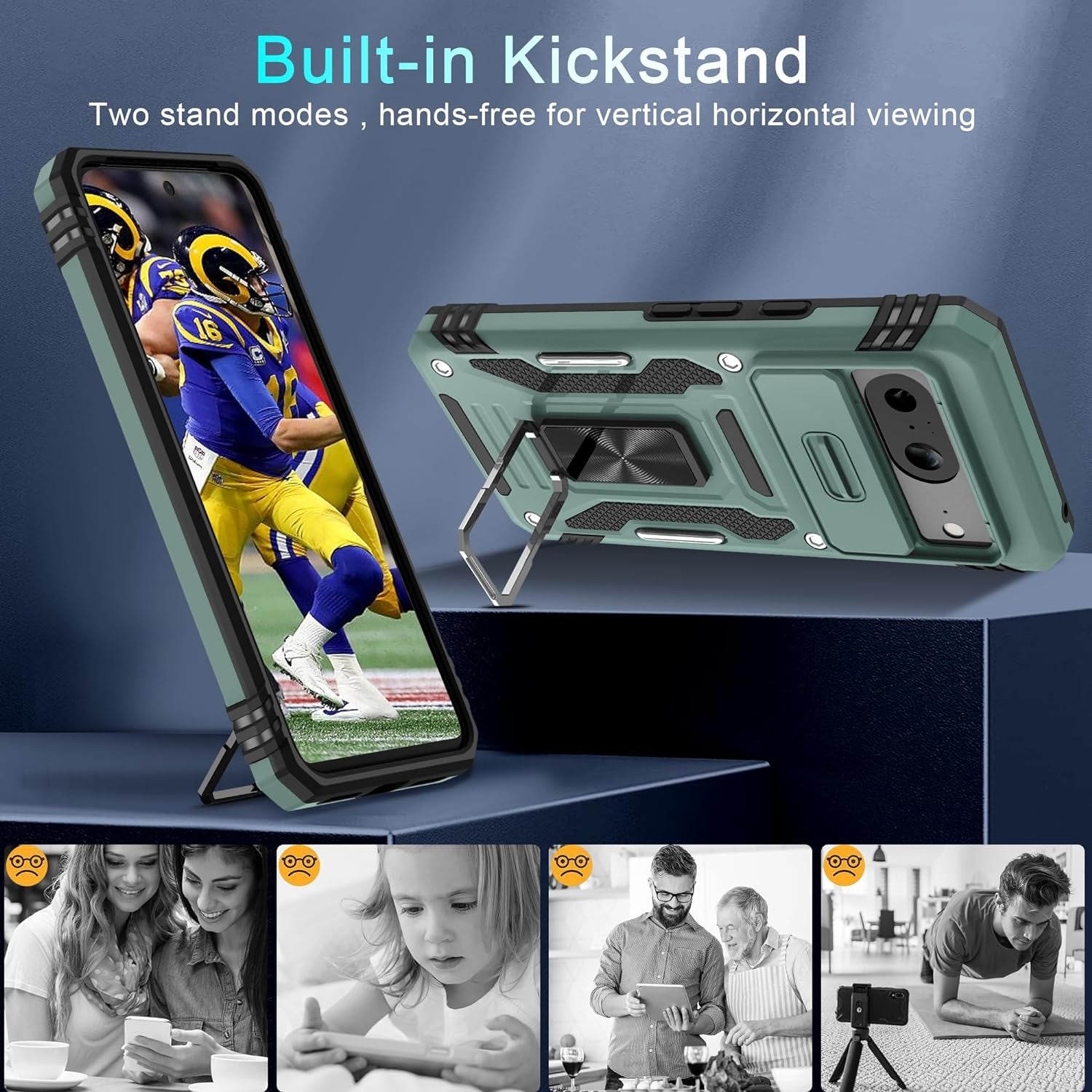 DEERLAMN for Google Pixel 8 Case with Slide Camera Cover+Screen Protector (1 Pack), Rotated Ring Kickstand Military Grade Shockproof Heavy Duty Protective Cover -Green  DEERLAMN   