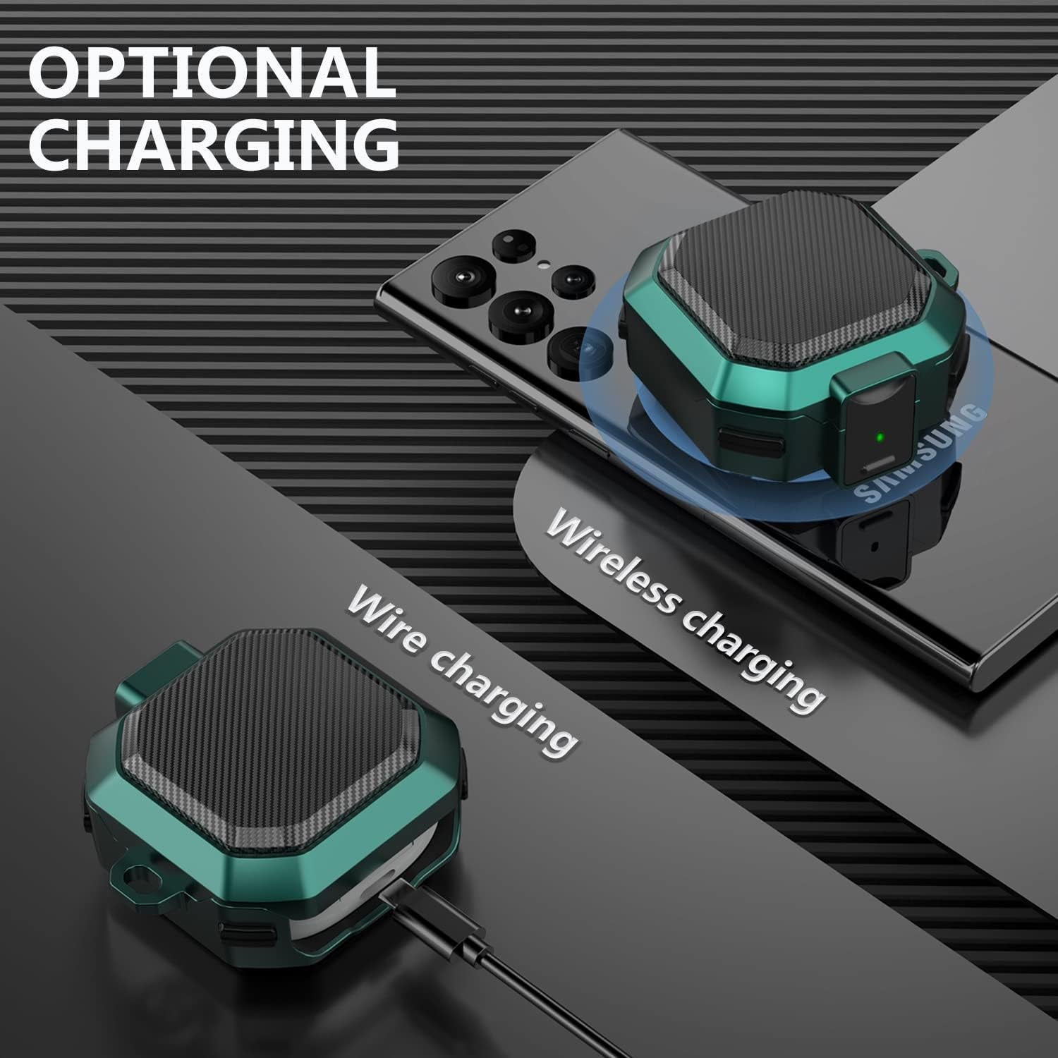 (With Security Lock) Carbon Fiber Case Cover for Samsung Galaxy Buds2 Pro Case/Galaxy Buds Pro Case/Galaxy Buds Live Case/Galaxy Buds 2 Case with Keychain/Zipper Box/Clean Brush - Carbon Fiber Green  Galafoki   