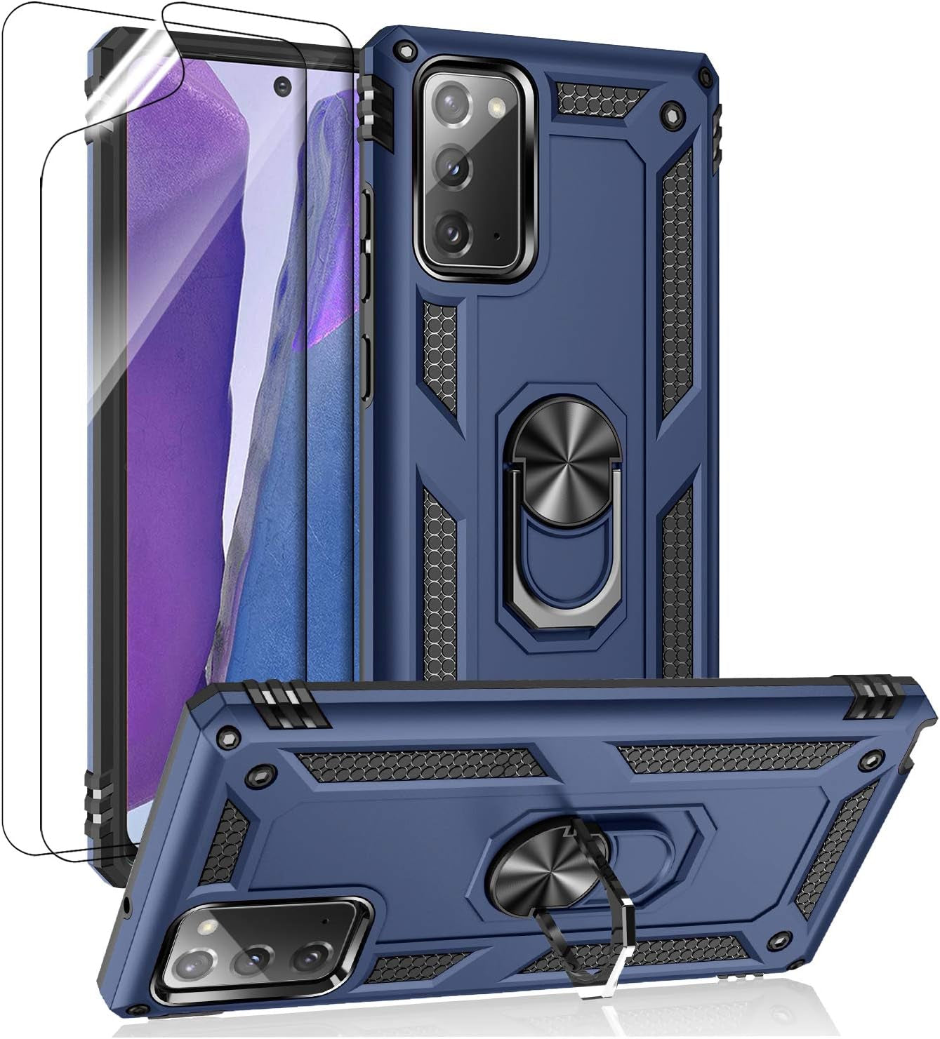 Samsung Galaxy Note 20 Case, Note20 5G Case with HD Screen Protectors, Androgate Military-Grade Metal Ring Holder Kickstand 15Ft Drop Tested Shockproof Cover Case for Samsung Galaxy Note 20 Teal  E&M Tek Blue  