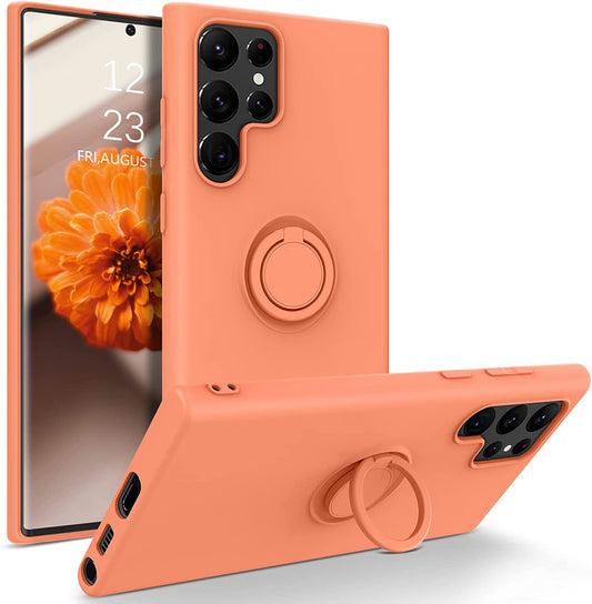 DUEDUE for Samsung Galaxy S22 Ultra 5G Case, Liquid Silicone Slim Soft Gel Rubber Cover with Ring Kickstand Car Mount Function Shockproof Protective Phone Case for Samsung S22 Ultra 6.8", Orange  DUEDUE   