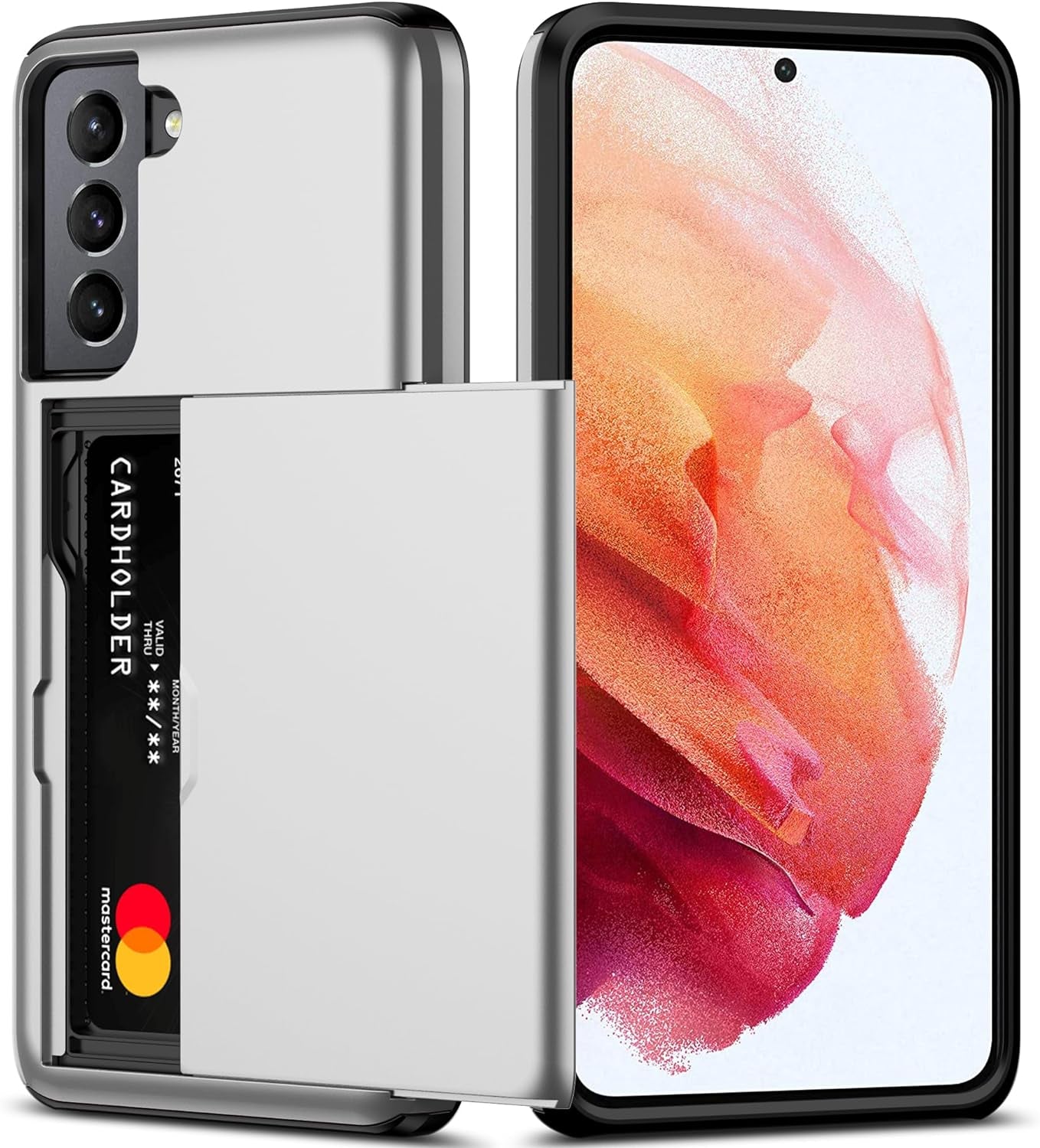 Nvollnoe for Samsung S21 Ultra Case with Card Holder Dual Layer Heavy Duty Protective Galaxy S21 Ultra Case Hidden Card Slot Slim Wallet Case for Samsung S21 Ultra(Rose Gold)  Nvollnoe Silver For Galaxy S21-6.2'' 