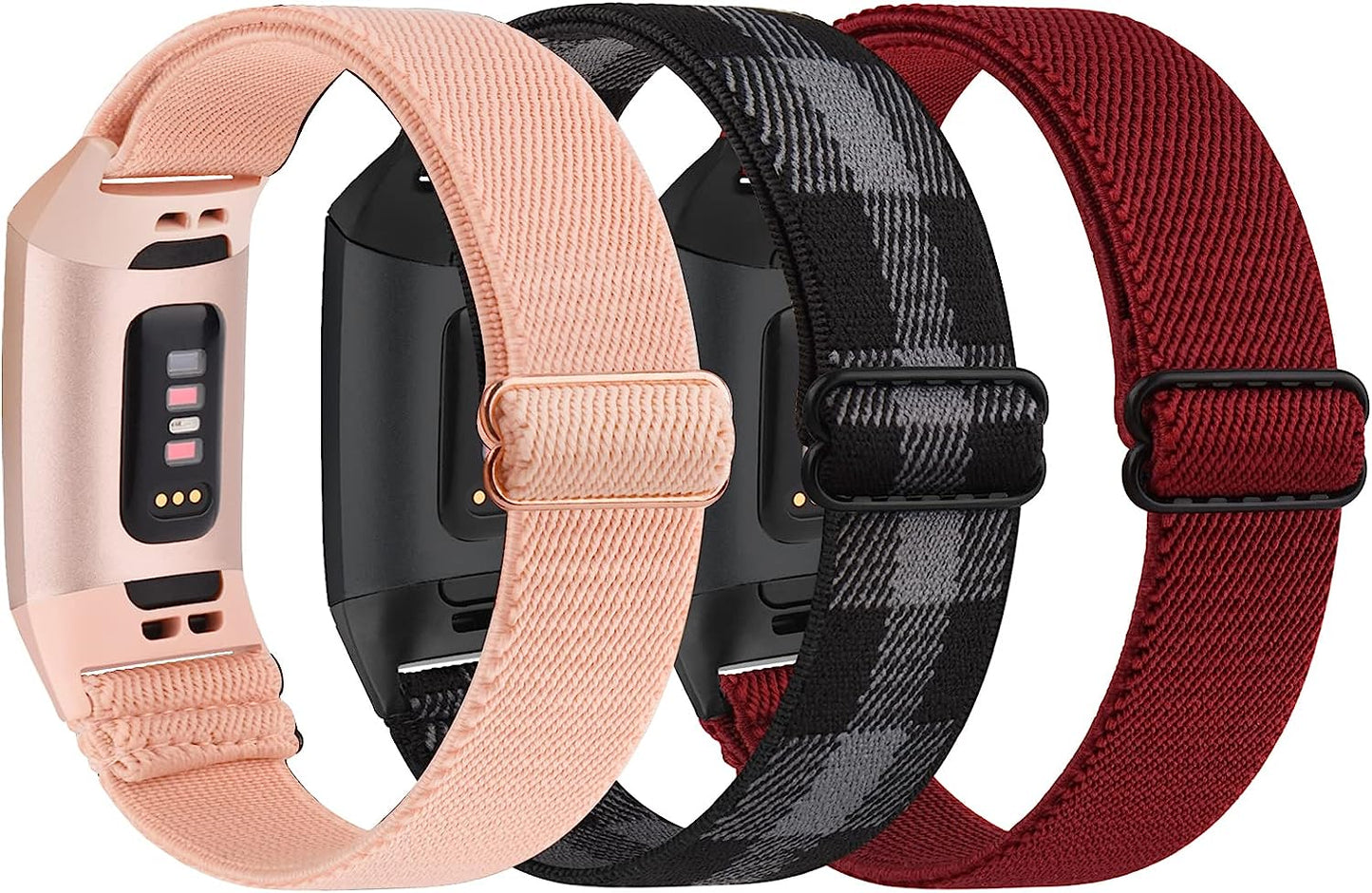 [3 Pack] Adjustable Elastic Bands Compatible with Fitbit Charge 4 / Charge 3 / Charge 4 SE Soft Stretchy Loop Bracelet Women Men Replacement Wristbands  Amzpas Wine Red, Pink, Black Gray Plaid  