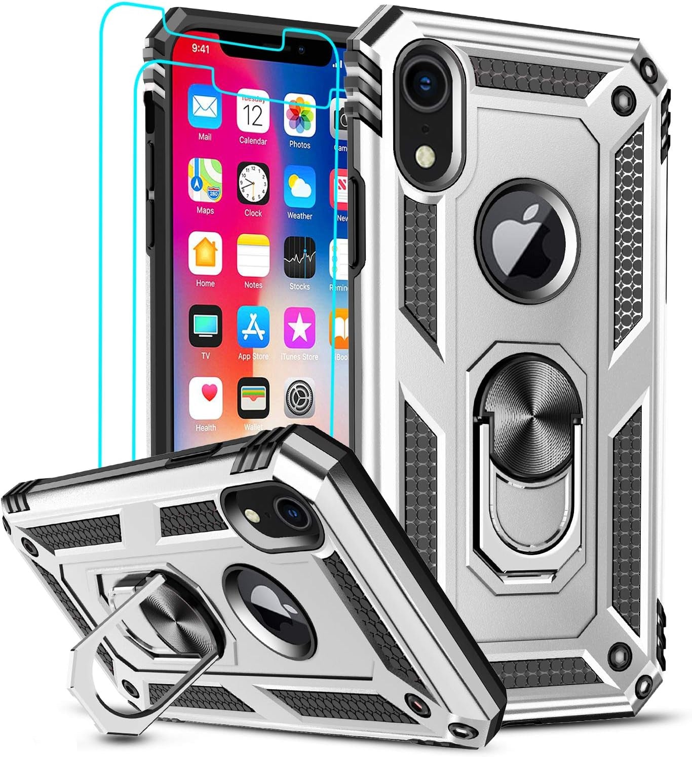 Leyi for Iphone XR Case, Iphone XR Case with Stand and [2PCS] Tempered Glass Screen Protector for Men, Heavy Duty Protective Hard Case with Metal Ring for Apple Iphone 10 XR, Black  LeYi Silver  