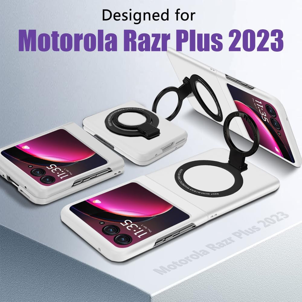 Case for Moto Razr plus 2023 Magnetic Phone Case,Ring Holder Kickstand Wireless Charging Hard PC Shockproof Protective Matte Cover Stand Case for Motorola Razr+ 2023 5G - White  pusiikeer   