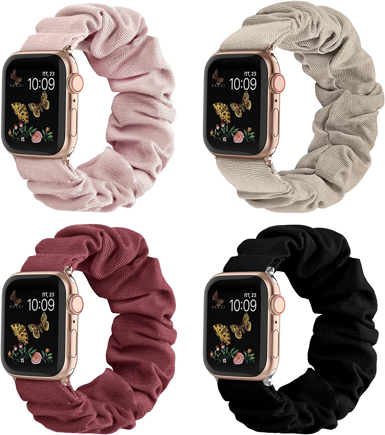 Recoppa Compatible for Apple Watch Band Scrunchie 38Mm 40Mm 41Mm 42Mm 44Mm 45Mm Cute Printed Elastic Solo Loop Bands Women Bracelet Strap for Iwatch Series 8 7 6 5 4 3 2 1 SE, 4 Packs  Recoppa Black/Pink/Milk Tea/Wine Red 42mm/44mm/45mm-Small 