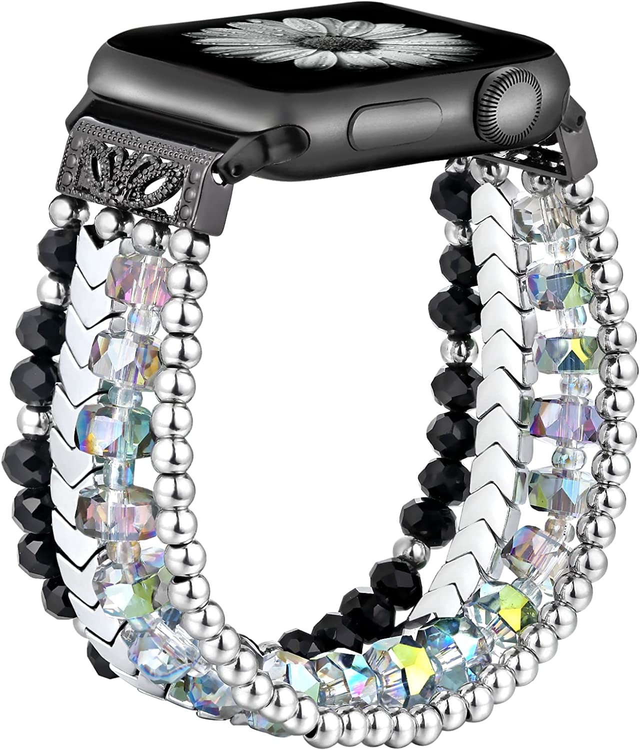 Fastgo Bracelet Band Beaded Compatible with Apple Watch 38Mm 40Mm 41Mm 42Mm 44Mm 45Mm 49Mm Women, Fashion Elastic Stretch Strap Bands for Iwatch SE &Series Ultra 8 7 6 5 4 3 2 1(Black/Sliver/Grey,S/M)  fastgo Z-Black/Silver Crystal 38mm/40mm/41mm-S/M(5.5”-6.0”) 