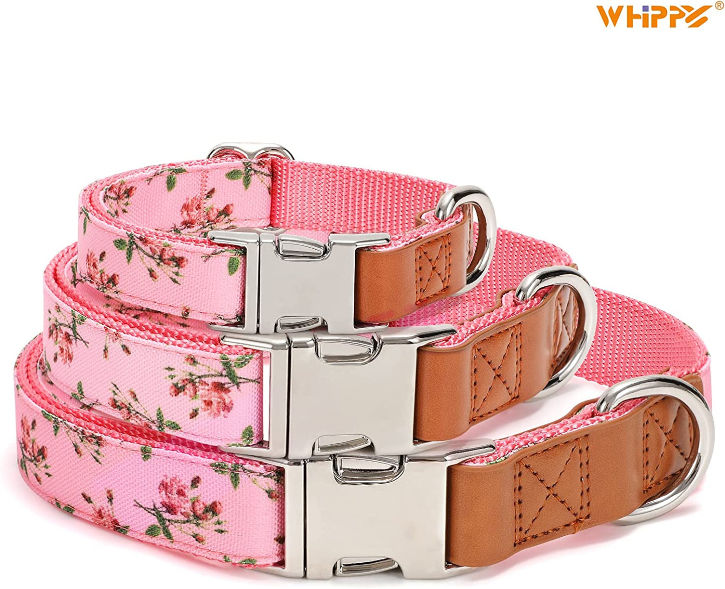 WHIPPY Girl Floral Dog Collar Cute Pink Flower Print Puppy Collar Adjustable Heavy Duty Nylon Collar with Metal Buckle Soft Comfortable Collar for Small Medium Large Dog Pet,M,Flower Pink  WHIPPY   