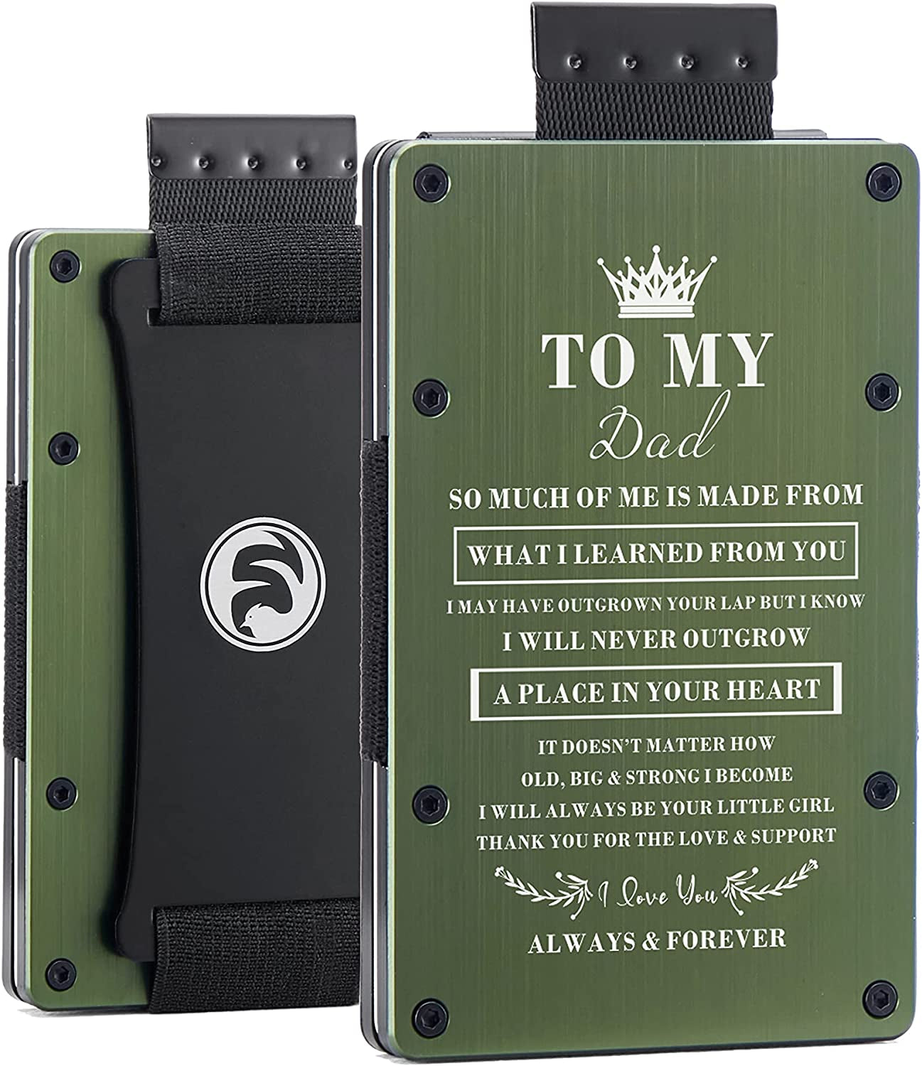 Men Minimalist Metal Engraved Wallet for Son Dad Husband Boyfriend | Slim Front Pocket RFID Blocking Aluminum Tactical Card Holder with Cash Strap | Personalized Birthday Christmas Graduation Gift  FeiYen For dad from daughter-Brushed army green  