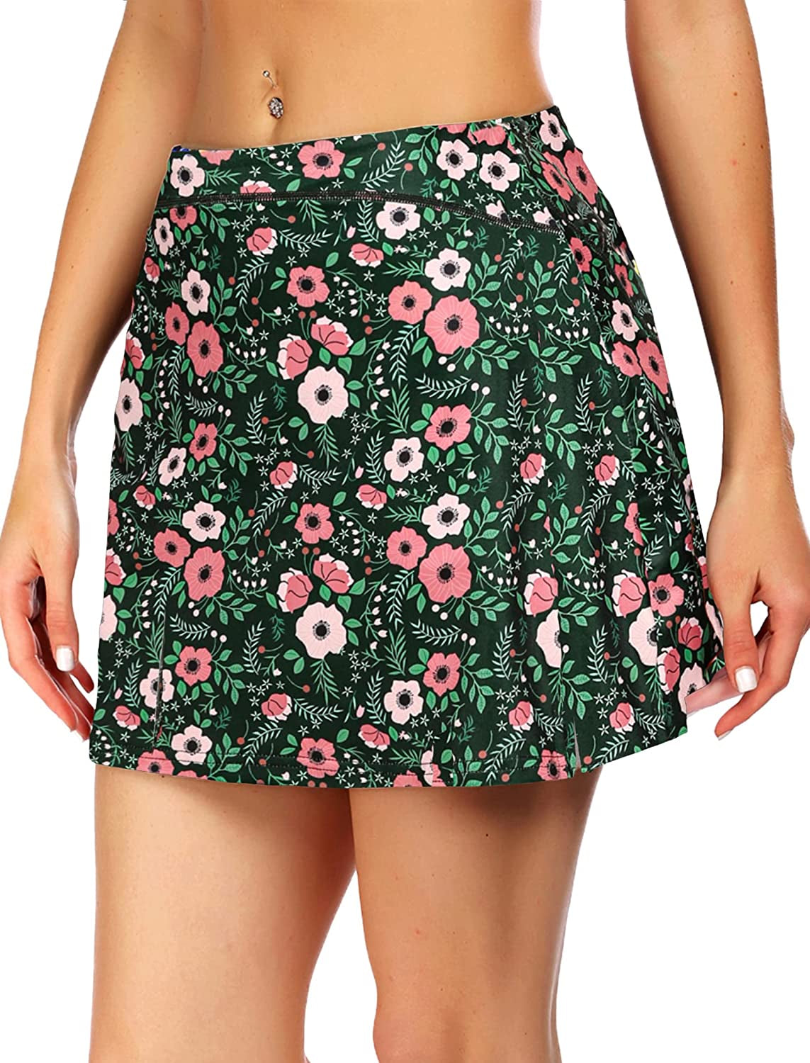 ADOME Women'S Athletic Skort Tennis Skirt with Pockets Shorts Active Golf Running Workout Sports  ADOME Green Pink Flower Small 