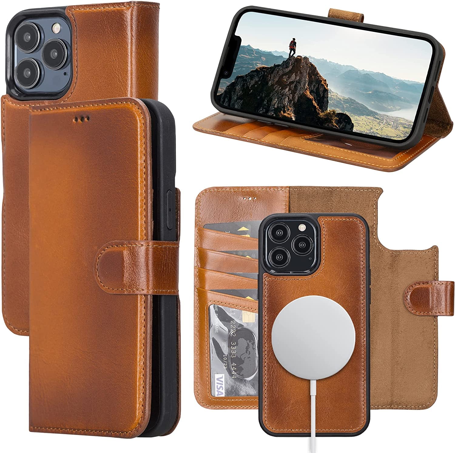 OXA Leather 2-In-1 Wallet Case Compatible with Iphone 14 Pro Max | Magnetic Detachable | Shockproof | RFID Blocking | Flip Case with Kickstand | Compatible with Magsafe | - Purple  OXA Rustic iPhone 14 Pro Max 