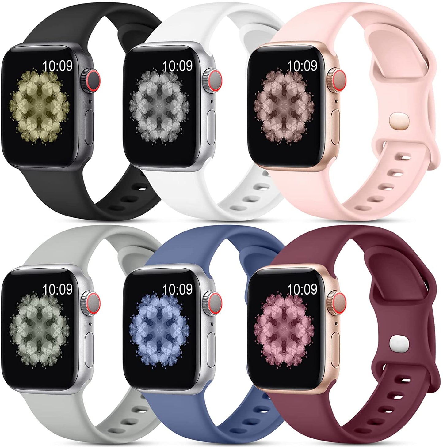 SNBLK [6 Pack] Compatible with Apple Watch Band 38Mm 40Mm 41Mm 42Mm 44Mm 45Mm 49Mm for Women Men, Soft Silicone Wrist Bands Sport Strap Compatible for Iwatch Series 8 7 6 5 4 3 2 1 SE Ultra  SNBLK   