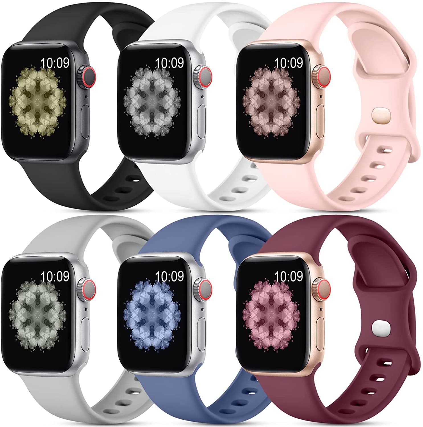 SNBLK [6 Pack] Compatible with Apple Watch Band 38Mm 40Mm 41Mm 42Mm 44Mm 45Mm 49Mm for Women Men, Soft Silicone Wrist Bands Sport Strap Compatible for Iwatch Series 8 7 6 5 4 3 2 1 SE Ultra  SNBLK   