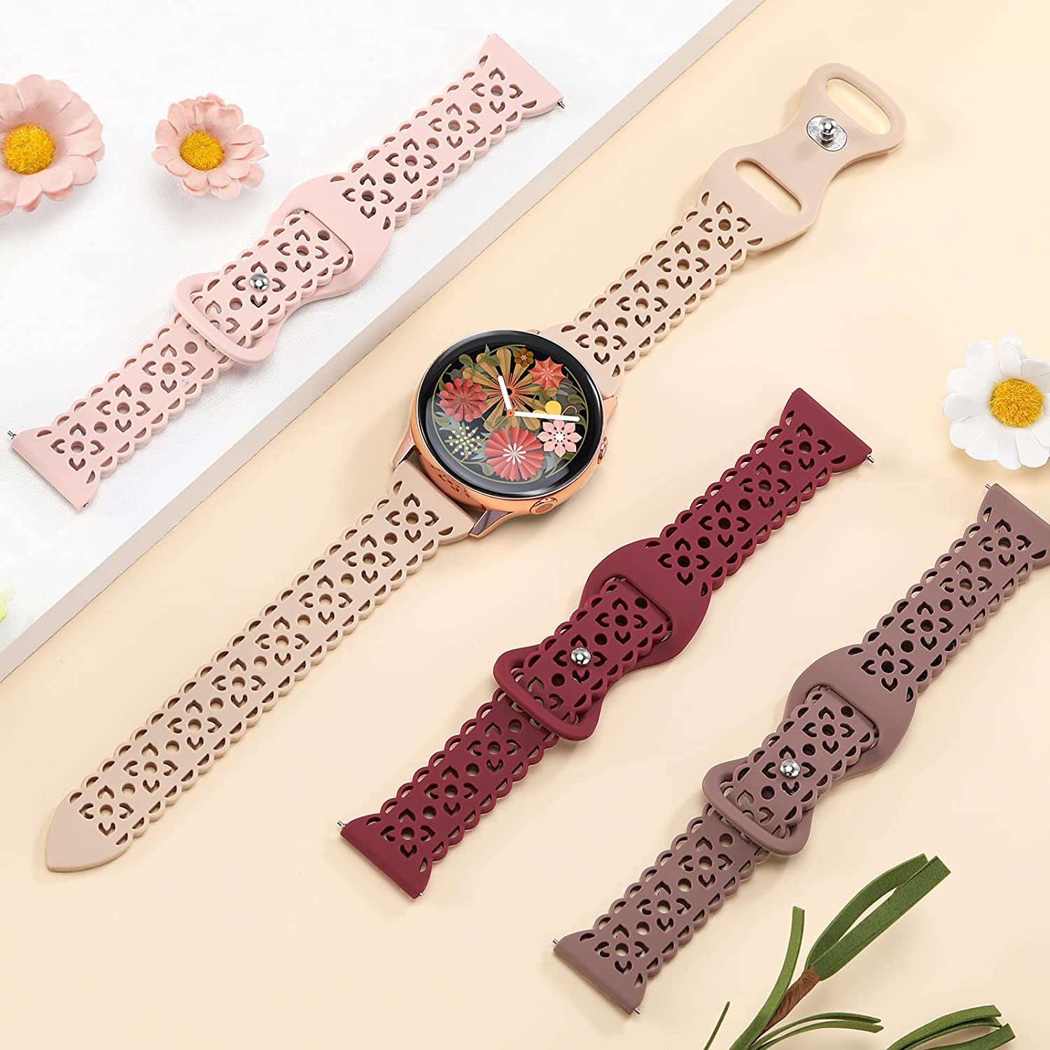 20Mm Lace Silicone Band Compatible with Samsung Galaxy Watch 4 Band 40Mm 44Mm,Galaxy Watch 4 Classic Band 42Mm 46Mm,Galaxy Watch 5 Bands,Slim Sport Strap Replacement Band for Galaxy Watch 4/5 Women  HEARTBOOM   