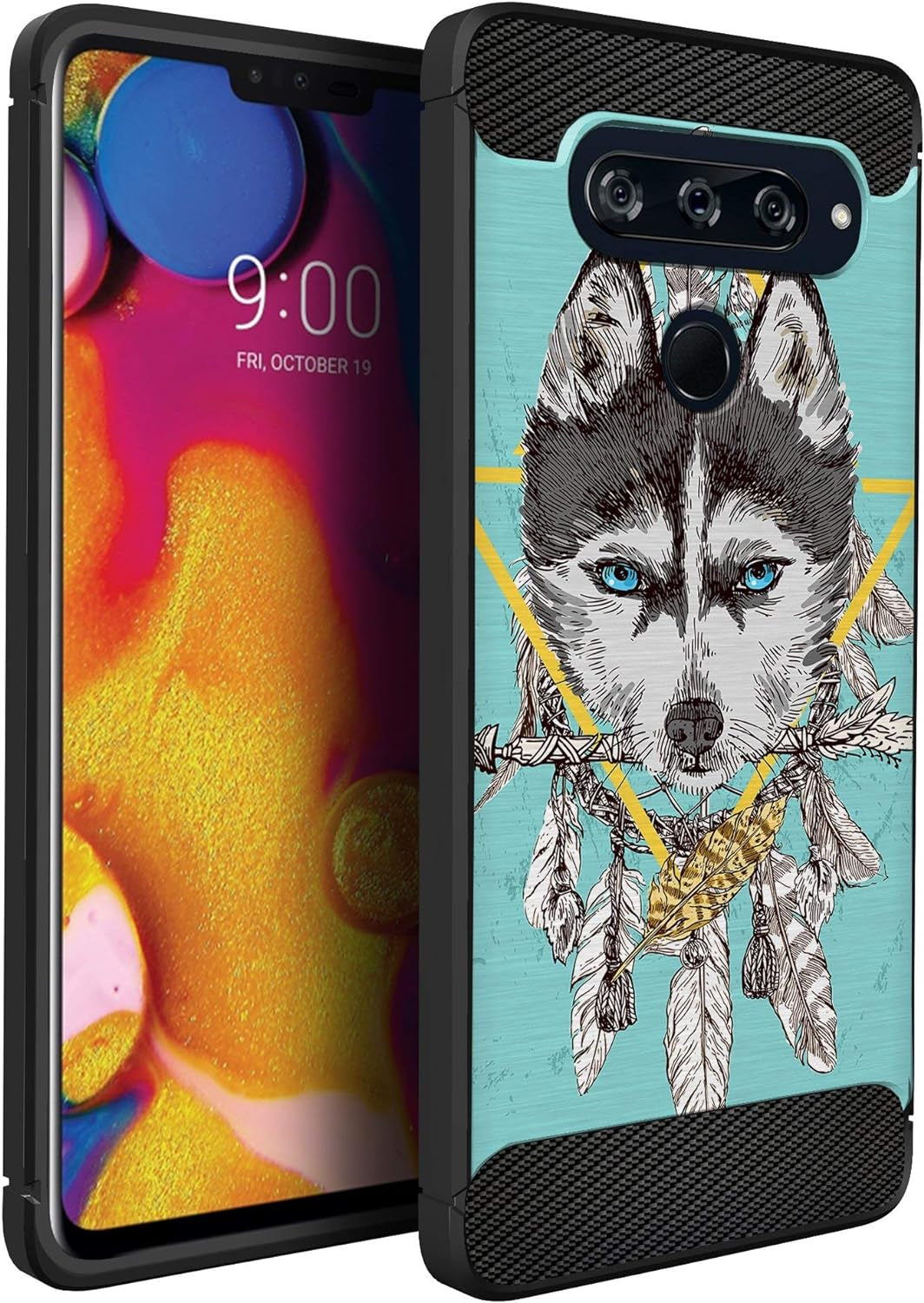 Casesondeck Case Compatible with [LG V40 Thinq] Tribal Floral Matte TPU Flexible Carbon Fiber Textured (Dreamcatcher)  CasesonDeck Teal Wolf  