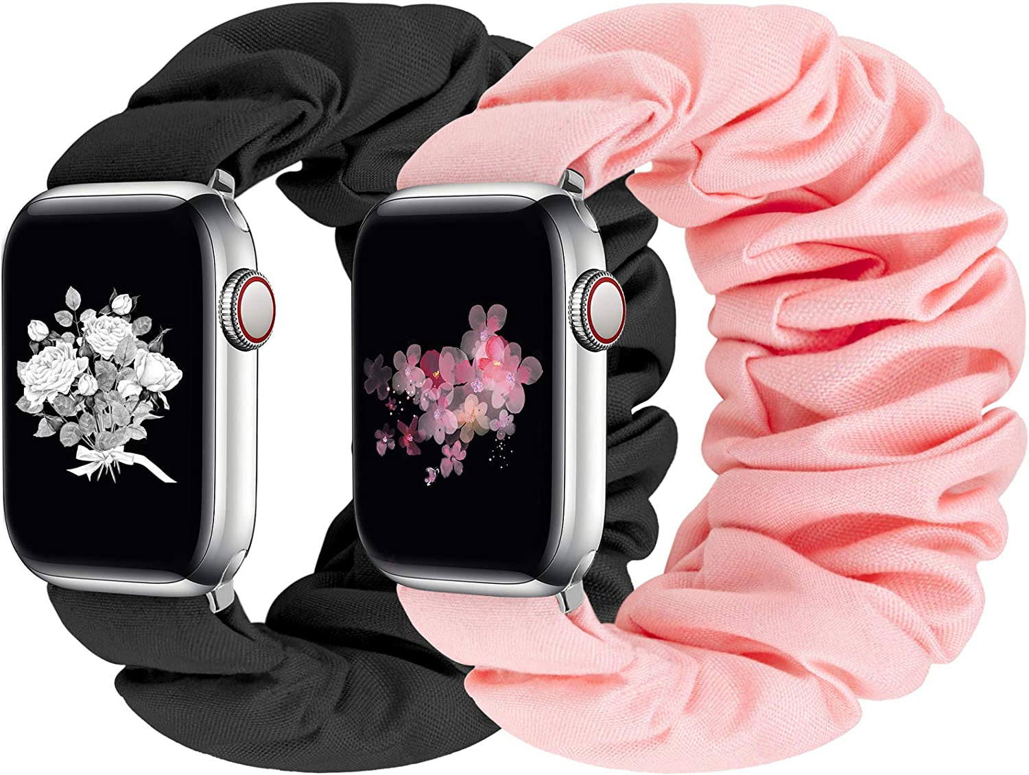 Greatfine Compatible for Apple Watch Band Scrunchie 38Mm 40Mm 41Mm 42Mm 44Mm 45Mm,Soft Elastic Scrunchie Watch Bands,With Iwatch Series 8 7 6 SE 5 4 3 2 1 Ultra,Replacement Wristband for Women(S/M)  HSELE 2PC-Black+Pink 42mm/44mm/45mm-S/M 