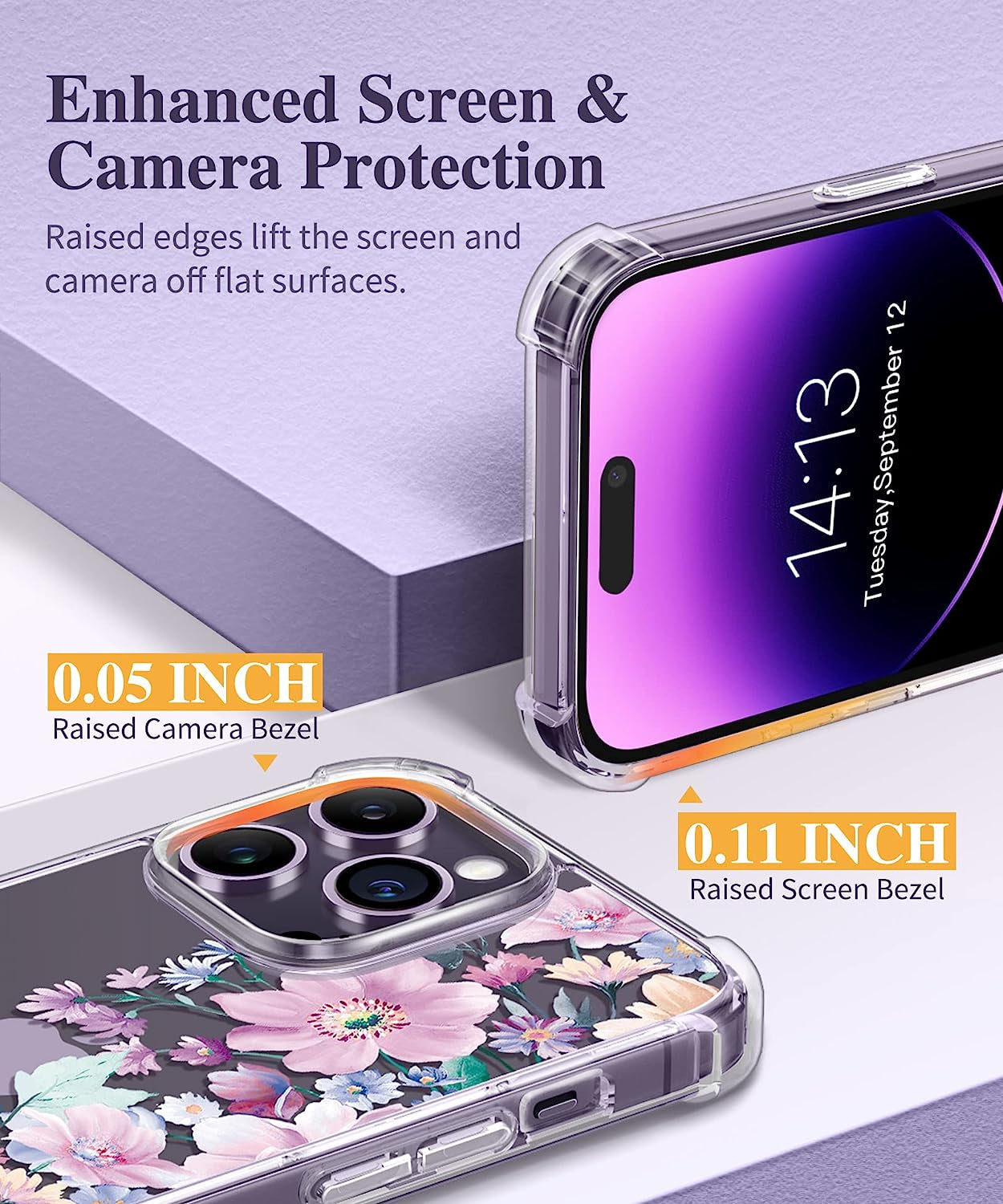 GVIEWIN Compatible with Iphone 14 Pro Case with Screen Protector & Camera Lens Protector, Floral Slim Shockproof Protective Hard PC+TPU Bumper Flower Women Cover, 6.1" 2022(Anemone Blooms/Pink)  GVIEWIN   
