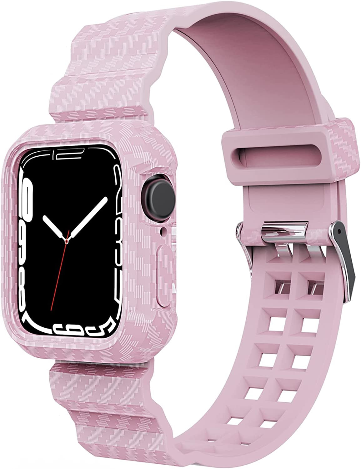 Kaihang Compatible for Apple Watch Band, Crystal Clear Iwatch Band Strap with Rugged Bumper Case 38Mm/40Mm/41Mm/42Mm/44Mm/45Mm/49Mm Bands for Apple Watch Series SE/8/7/6/5/4/3/2  Kaihang Carbon Fiber pattern pink 42mm/44mm 