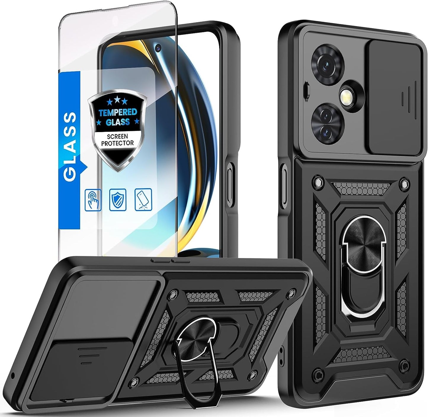 Dretal for Oneplus Nord N30 5G Case, with Stand Kickstand Ring and Camera Cover with Tempered Glass Screen Protector, Military Grade Shockproof Protective Cover for Oneplus N30 5G (Black)  Dretal   