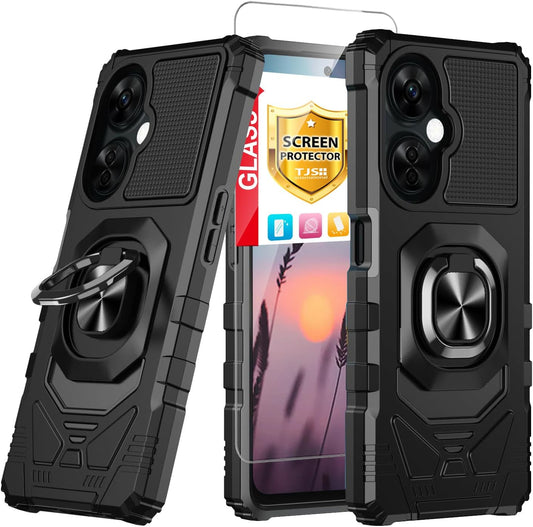 TJS Compatible for Oneplus Nord N30 5G Case, with Tempered Glass Screen Protector, Metal Ring Magnetic Support Kickstand Heavy Duty Drop Protection Cover Phone Case (Black)  TJS   