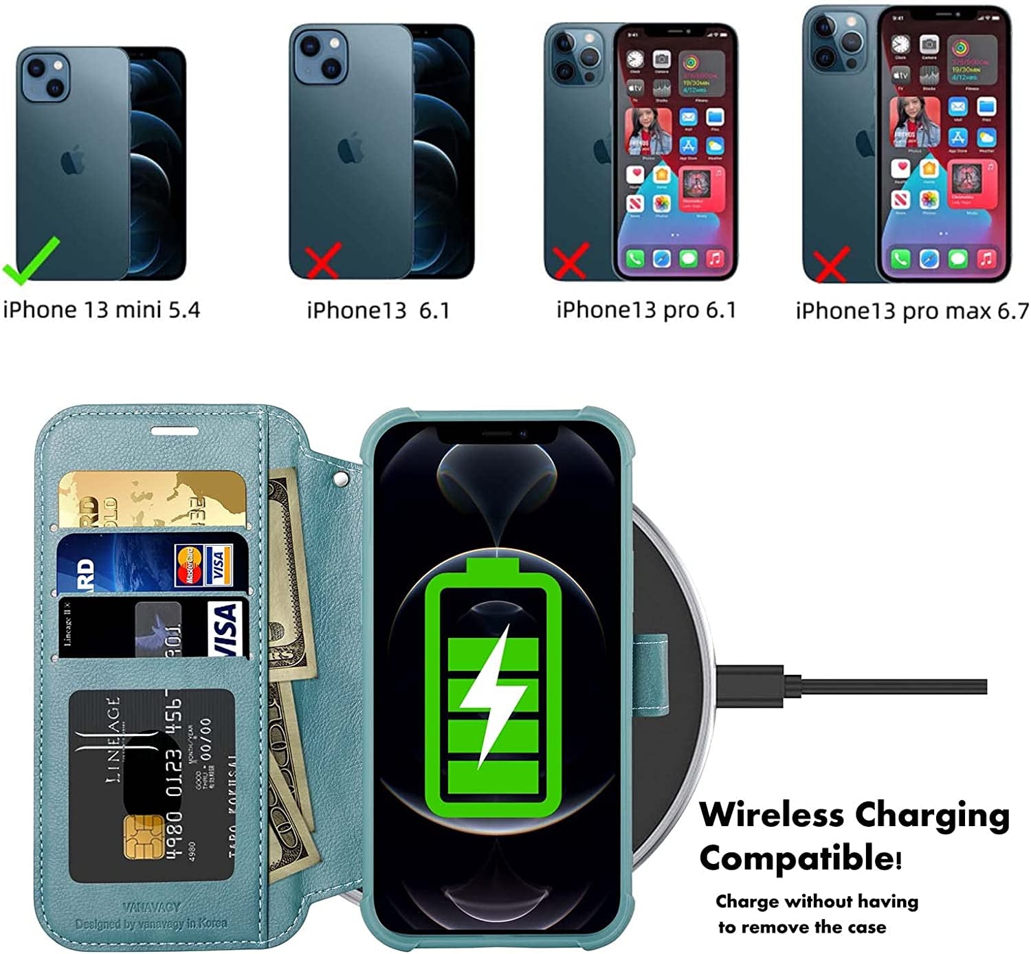 VANAVAGY Iphone 13 Mini Wallet Case Magsafe,Leather Flip Folio Phone Cover Supports Magsafe and Wireless Charging with RFID Block Card Holder and Wrist Strap,Forest Green  VANAVAGY   