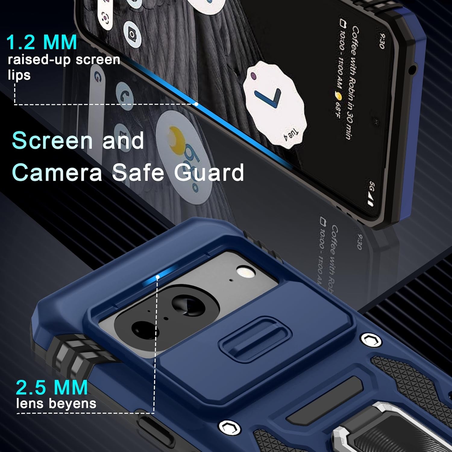 DEERLAMN for Google Pixel 8 Case with Slide Camera Cover+Screen Protector (1 Pack), Rotated Ring Kickstand Military Grade Shockproof Heavy Duty Protective Cover -Navy Blue  DEERLAMN   