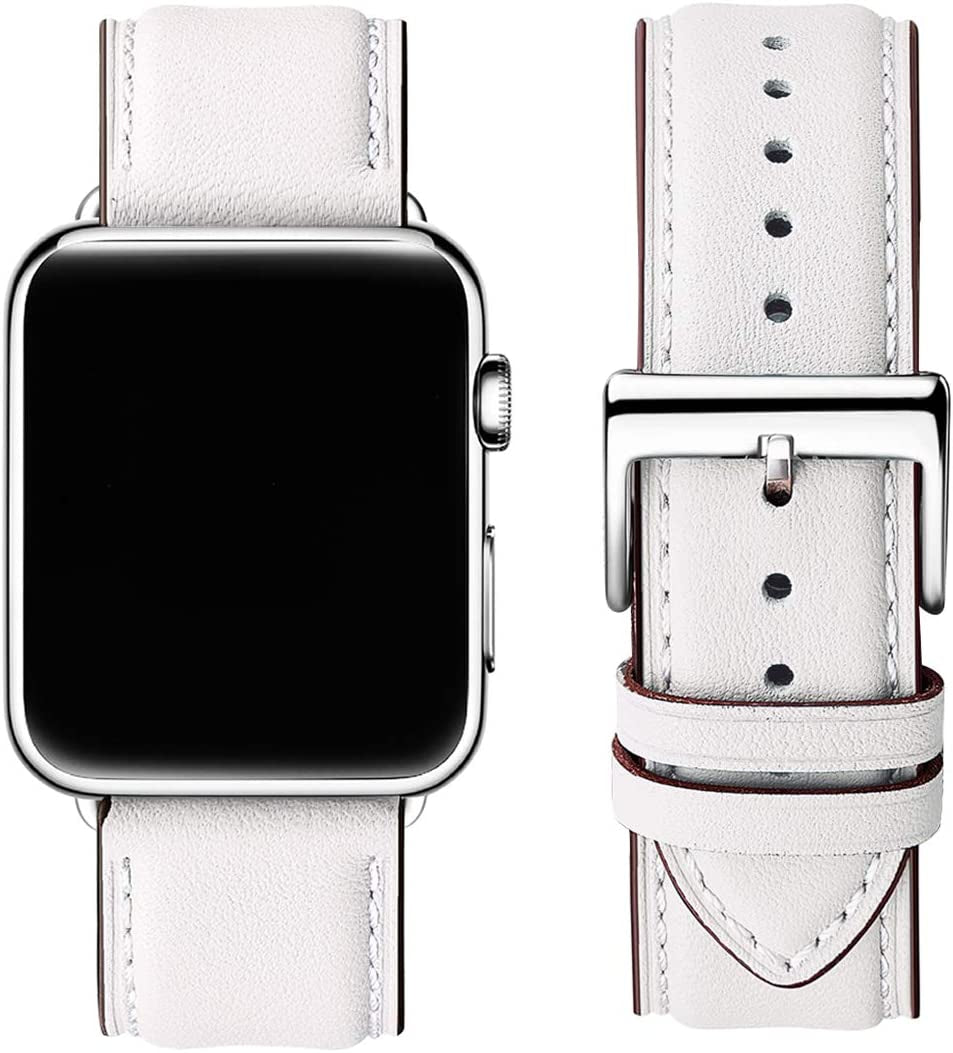 OMIU Square Bands Compatible with Apple Watch Band 38Mm 40Mm 41Mm 42Mm 44Mm 45Mm 49Mm, Genuine Leather Wristband Starp for Iwatch SE Series 8 7 6 5 4 3 2 1 Utral for Women Men(Ivory White/Rose Gold)  BestWayStore White/Silver 42mm 44mm 45mm 49mm 