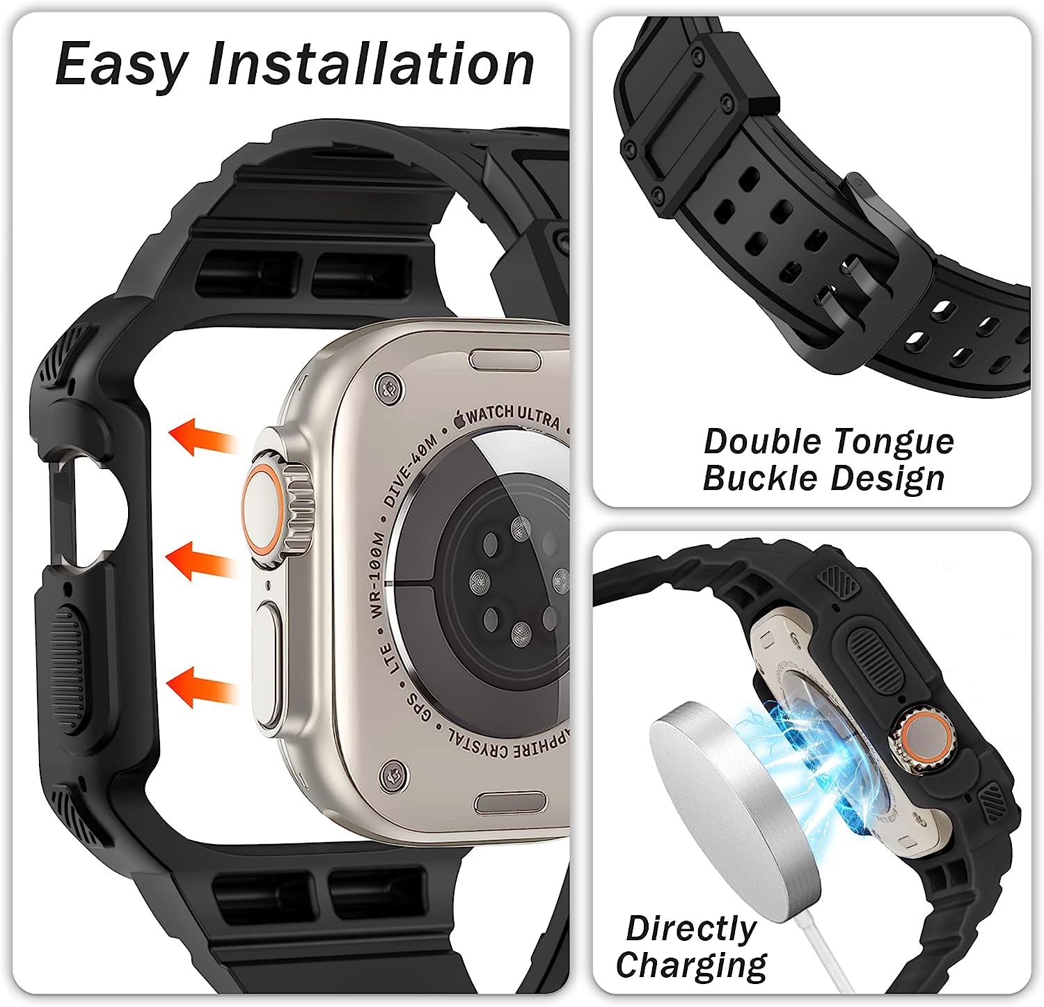 3 in 1 Rugged Band and Bumper Case with Screen Protector for Apple Watch Ultra Band 49Mm, Tempered Glass Film, Shockproof Protective Band for Men, Metal Clasp Sport Armor Band for Iwatch Ultra-Black  BuPa   